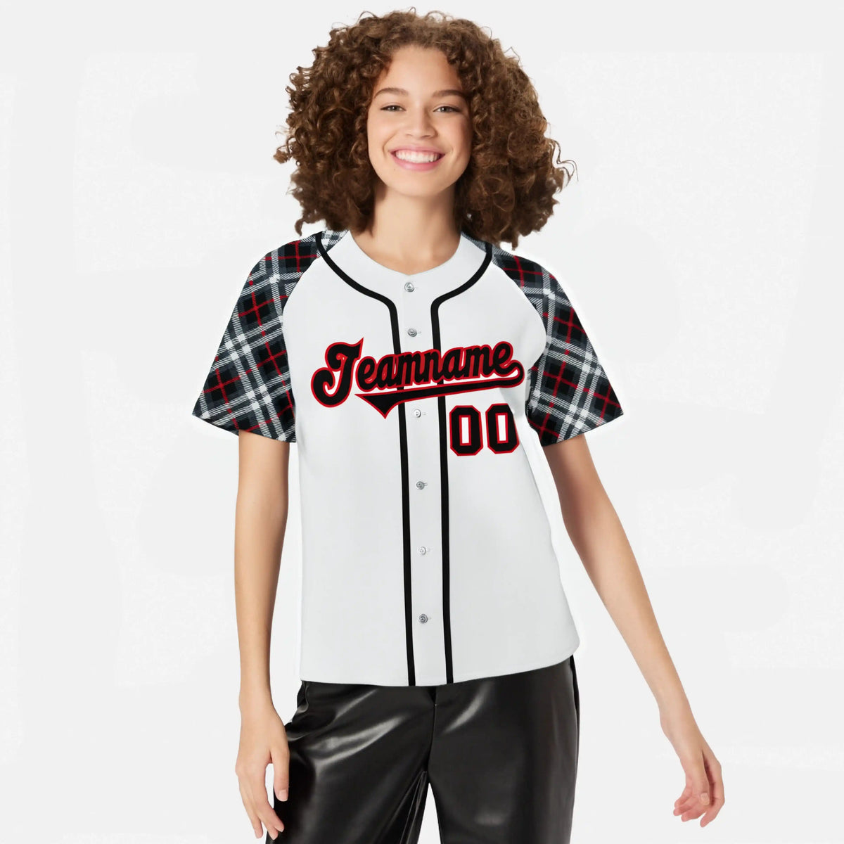 Custom White Red-Black Authentic Plaid sleeve Baseball Jersey