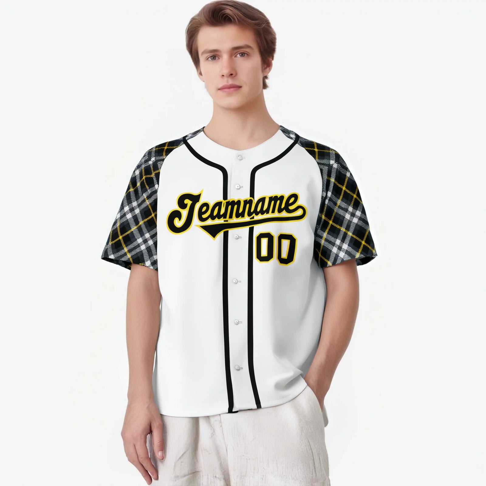 Custom White Gold-Black Authentic Plaid sleeve Baseball Jersey