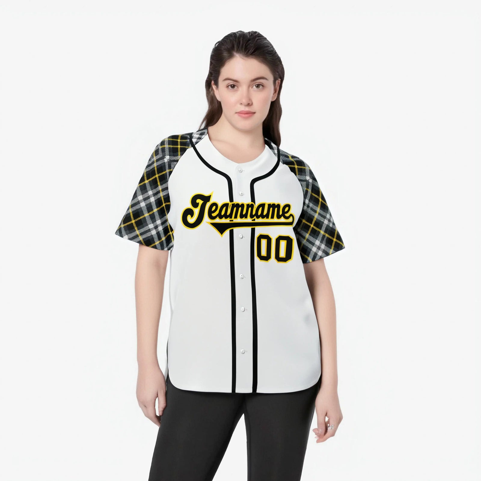 Custom White Gold-Black Authentic Plaid sleeve Baseball Jersey
