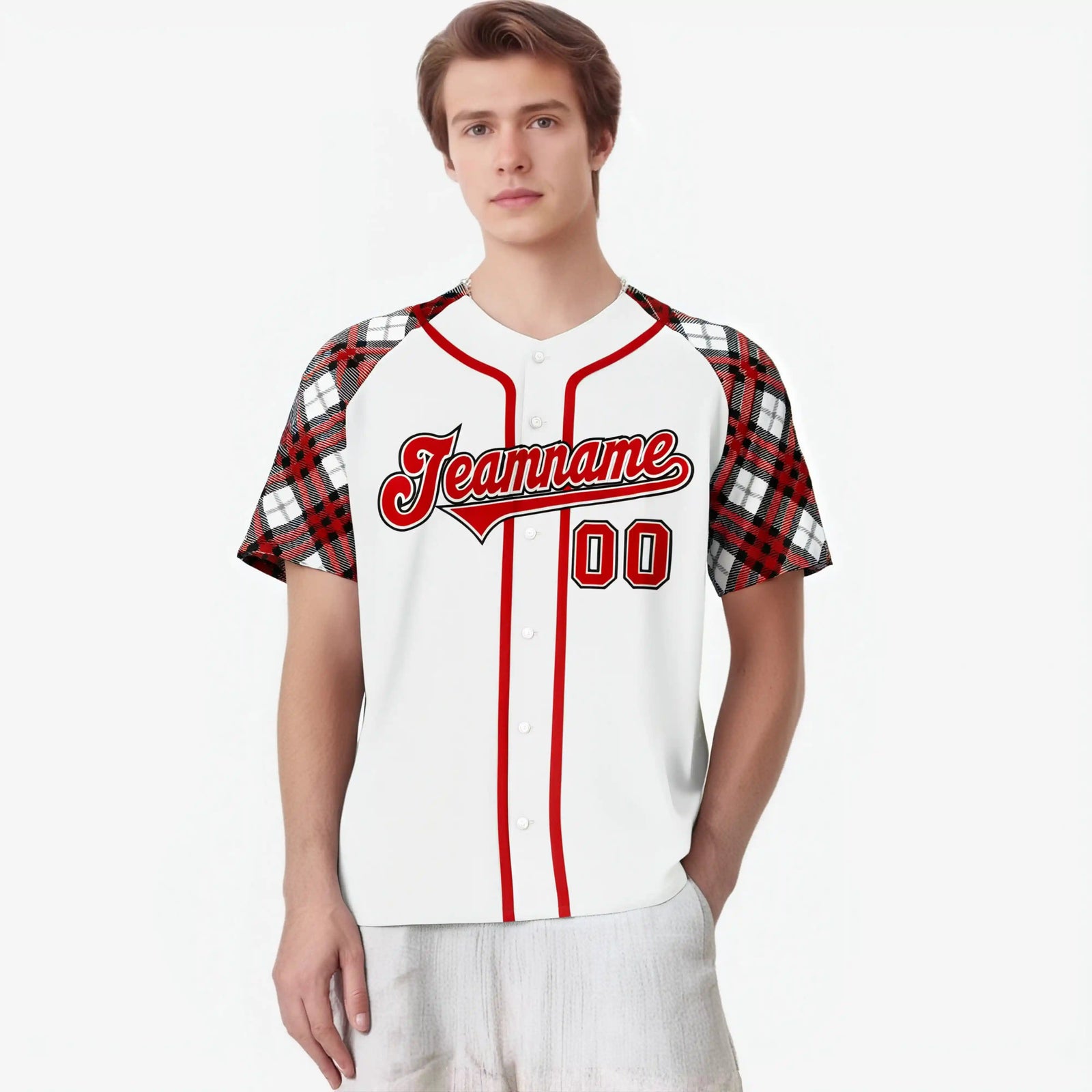 Custom White Red-Black Authentic Plaid sleeve Baseball Jersey