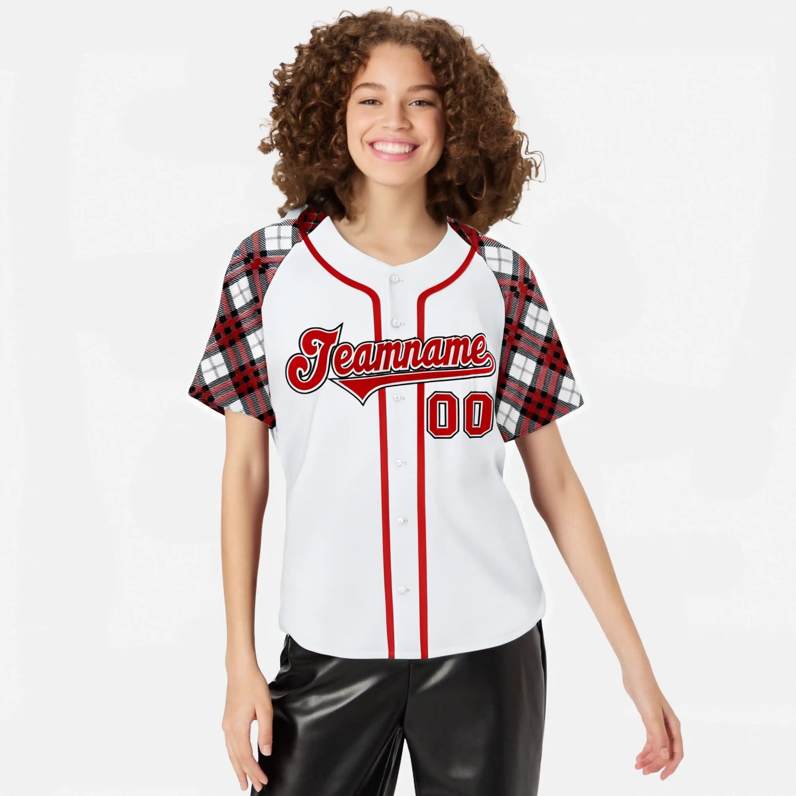 Custom White Red-Black Authentic Plaid sleeve Baseball Jersey