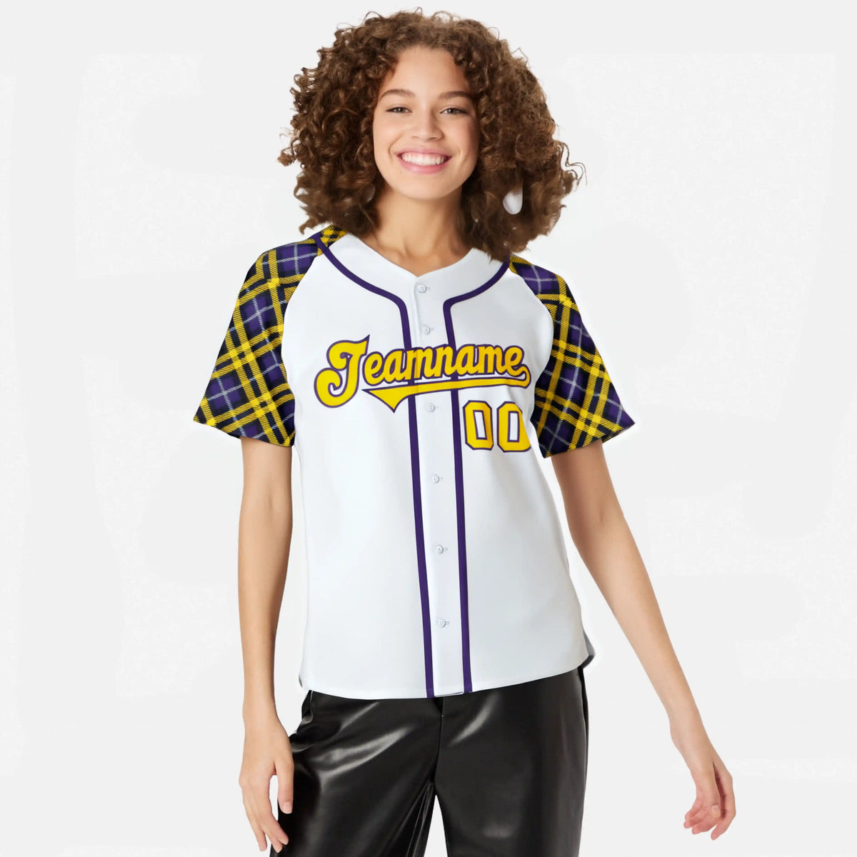 Custom White Yellow-Purple Authentic Plaid sleeve Baseball Jersey