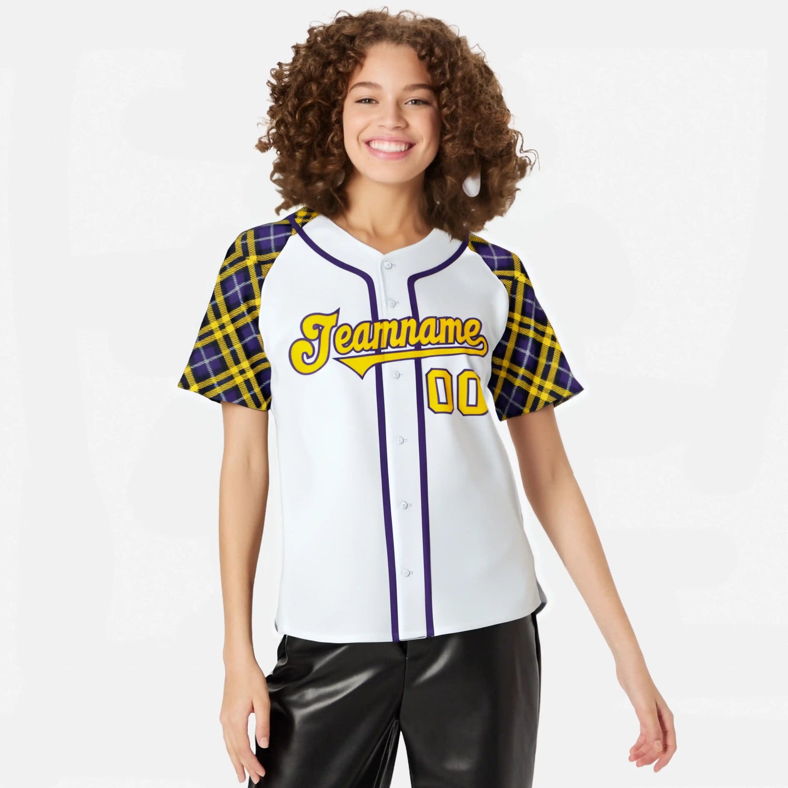 Custom White Yellow-Purple Authentic Plaid sleeve Baseball Jersey