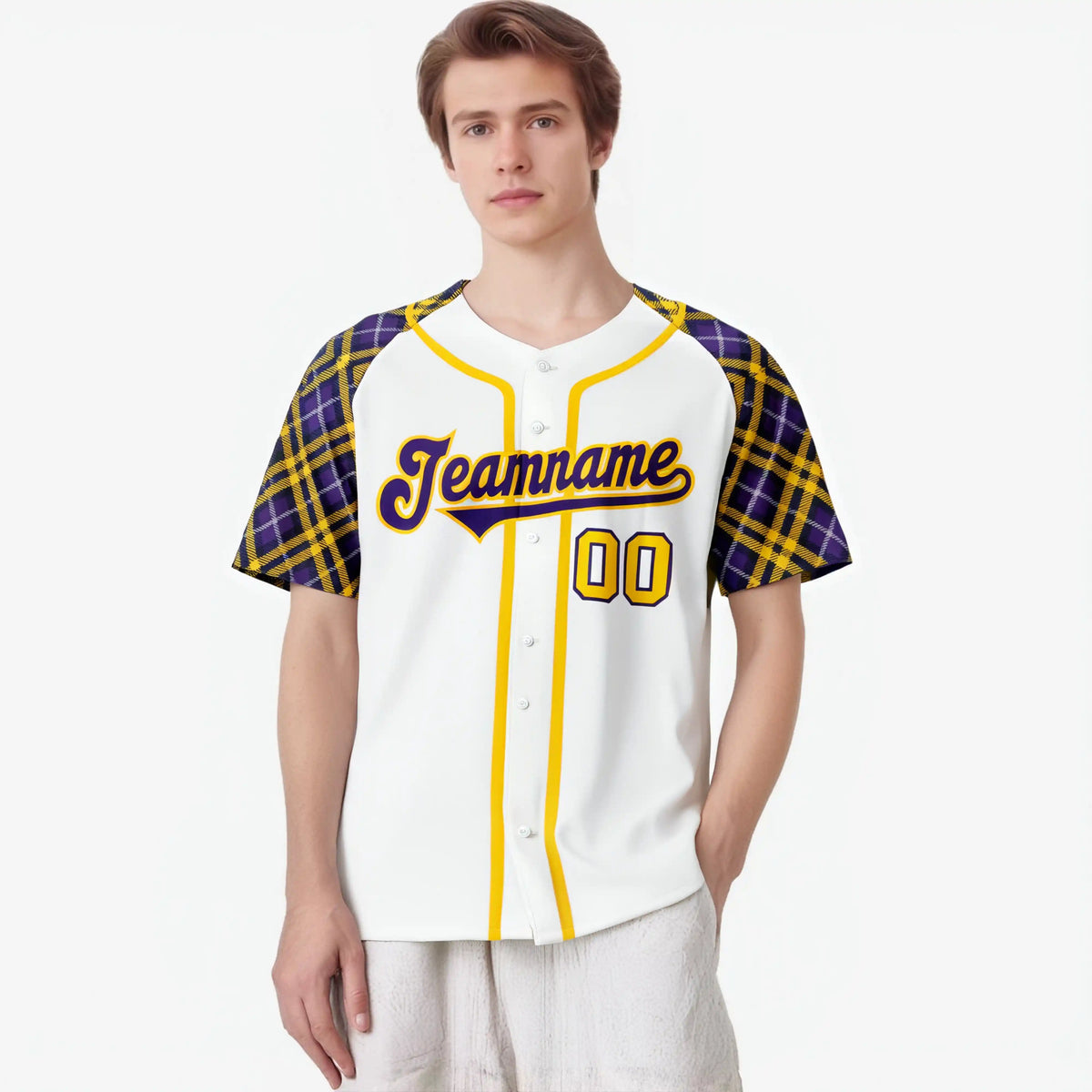 Custom White Purple-Yellow Authentic Plaid sleeve Baseball Jersey