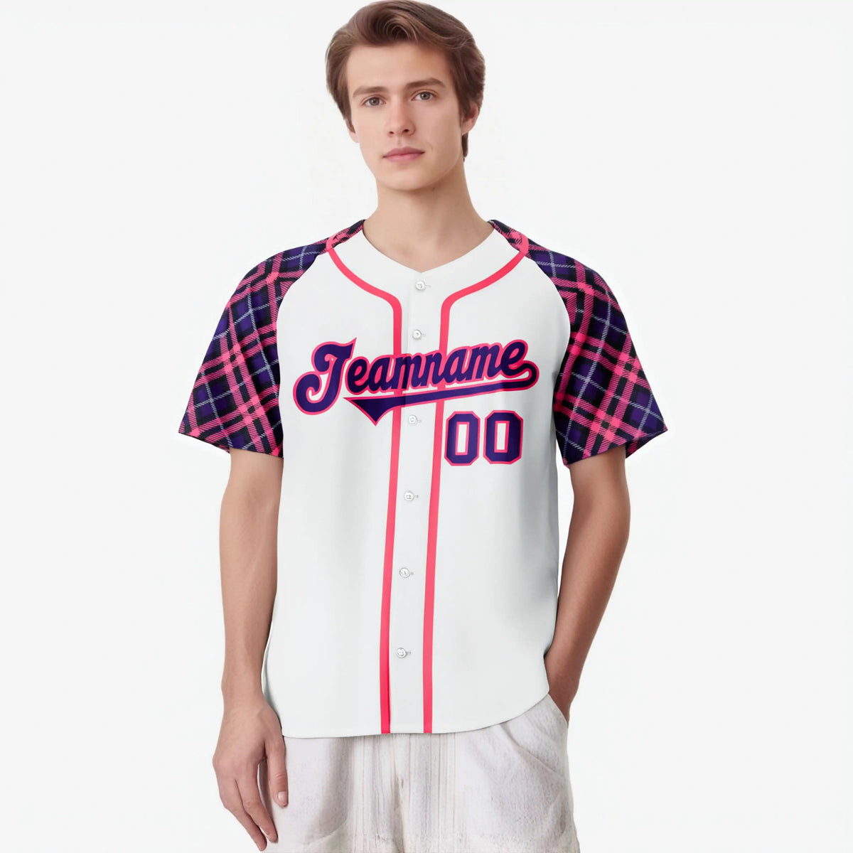 Custom White Purple-Pink Authentic Plaid sleeve Baseball Jersey