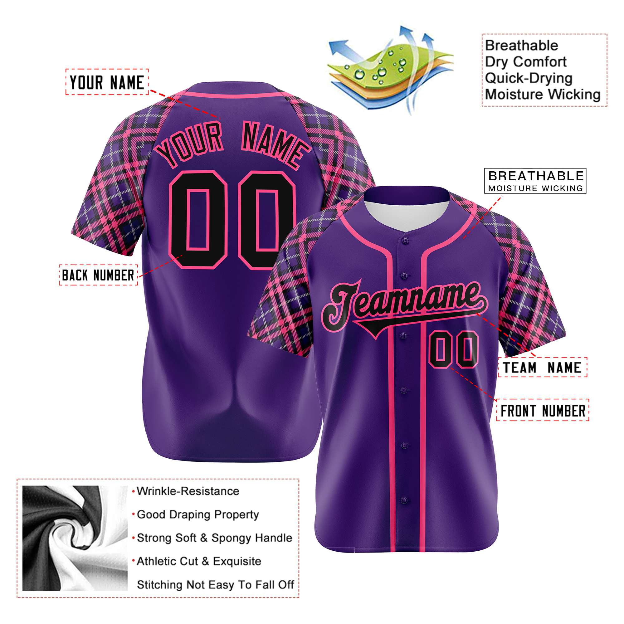 Custom Purple Pink-Black Authentic Plaid sleeve Baseball Jersey