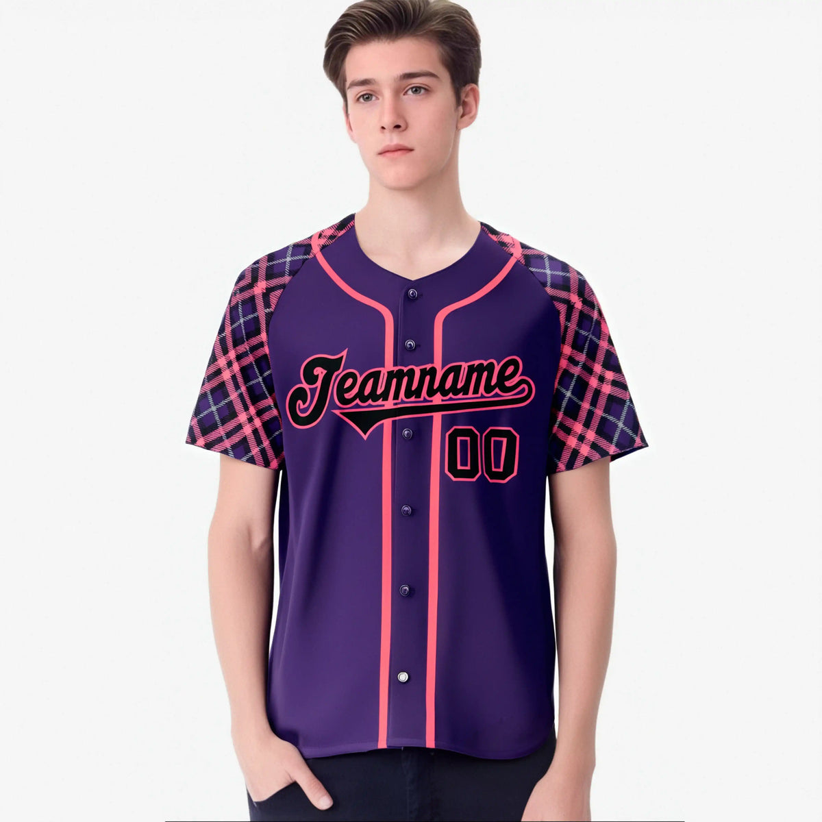 Custom Purple Pink-Black Authentic Plaid sleeve Baseball Jersey