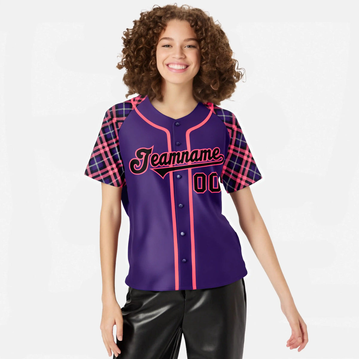 Custom Purple Pink-Black Authentic Plaid sleeve Baseball Jersey