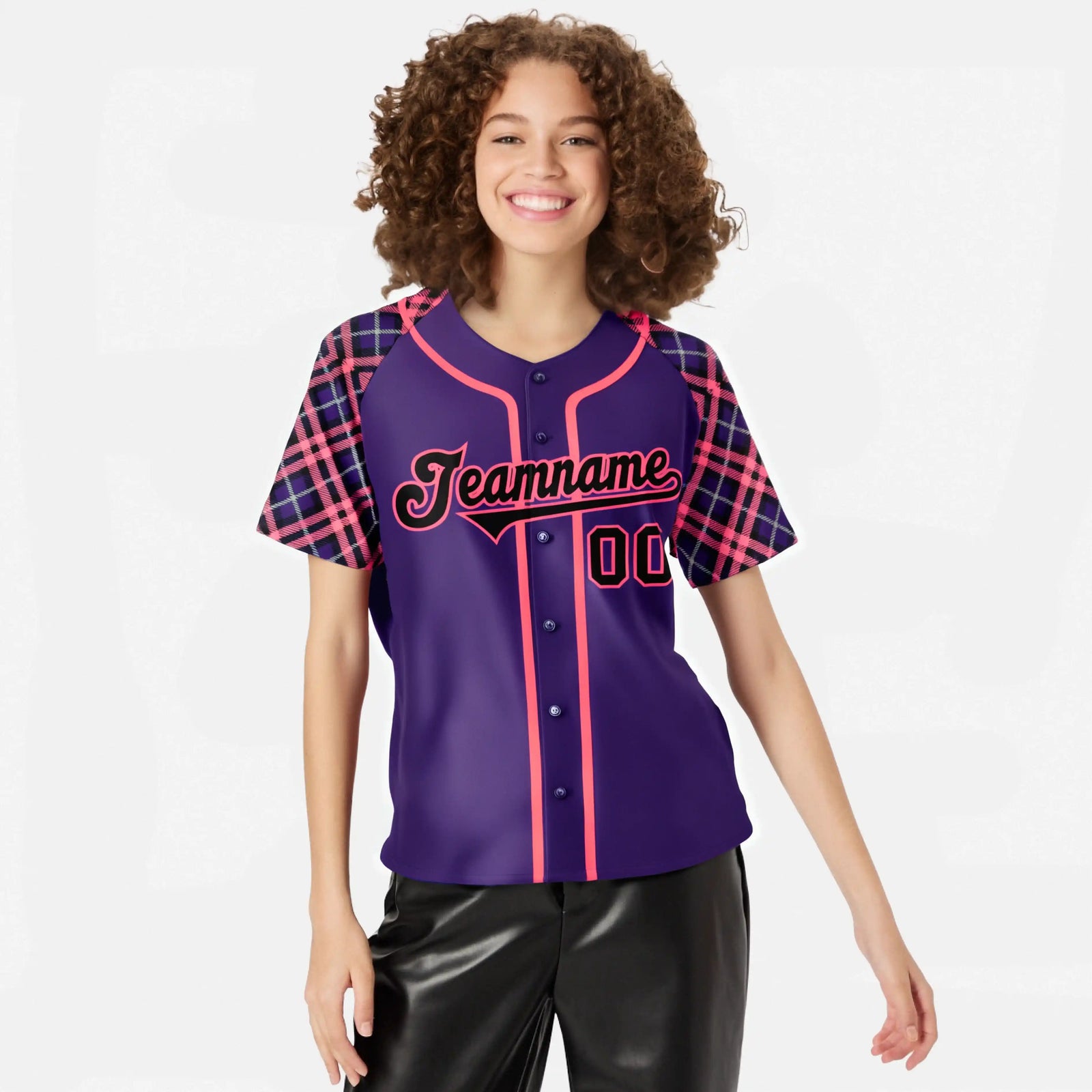 Custom Purple Pink-Black Authentic Plaid sleeve Baseball Jersey