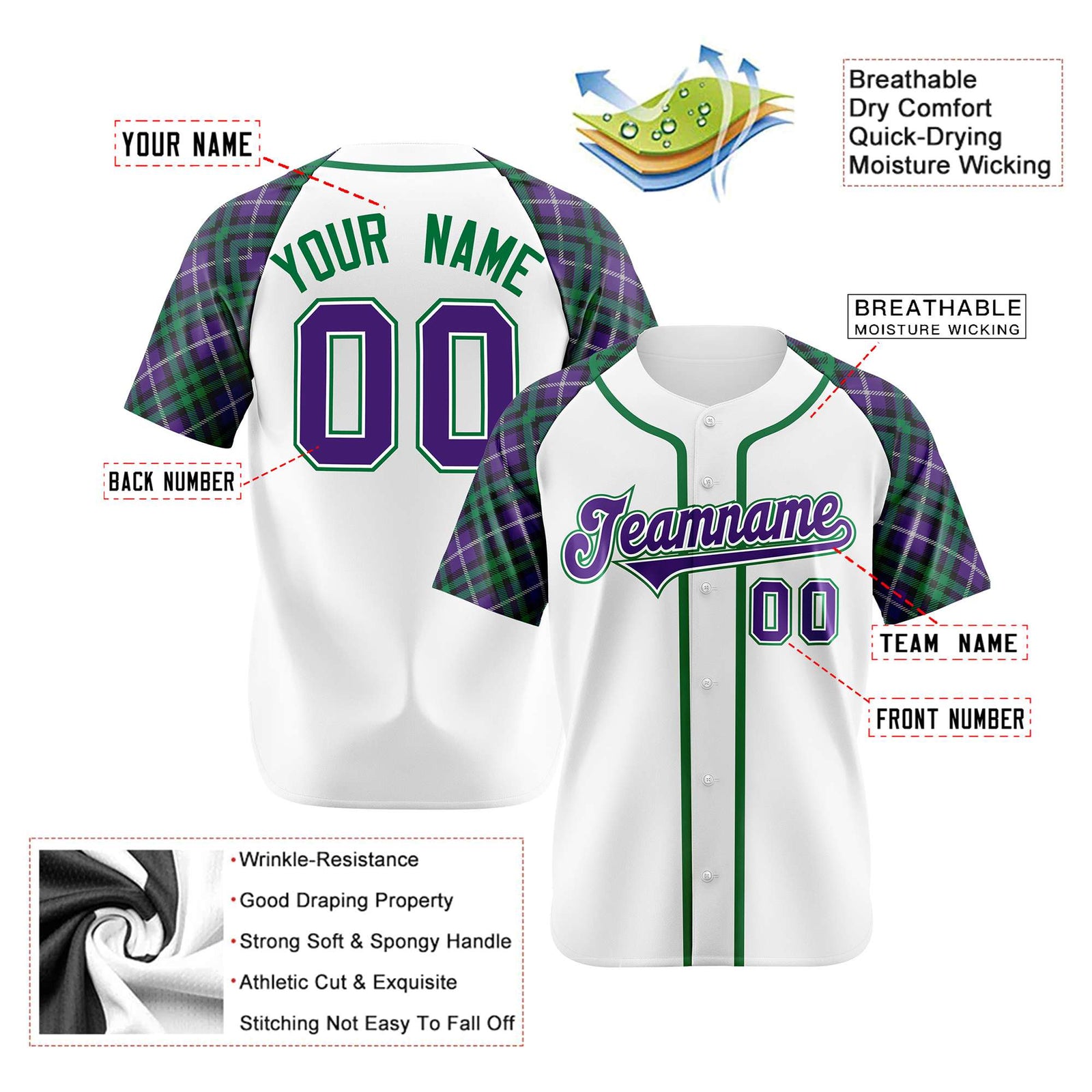 Custom White Purple-Green Authentic Plaid sleeve Baseball Jersey
