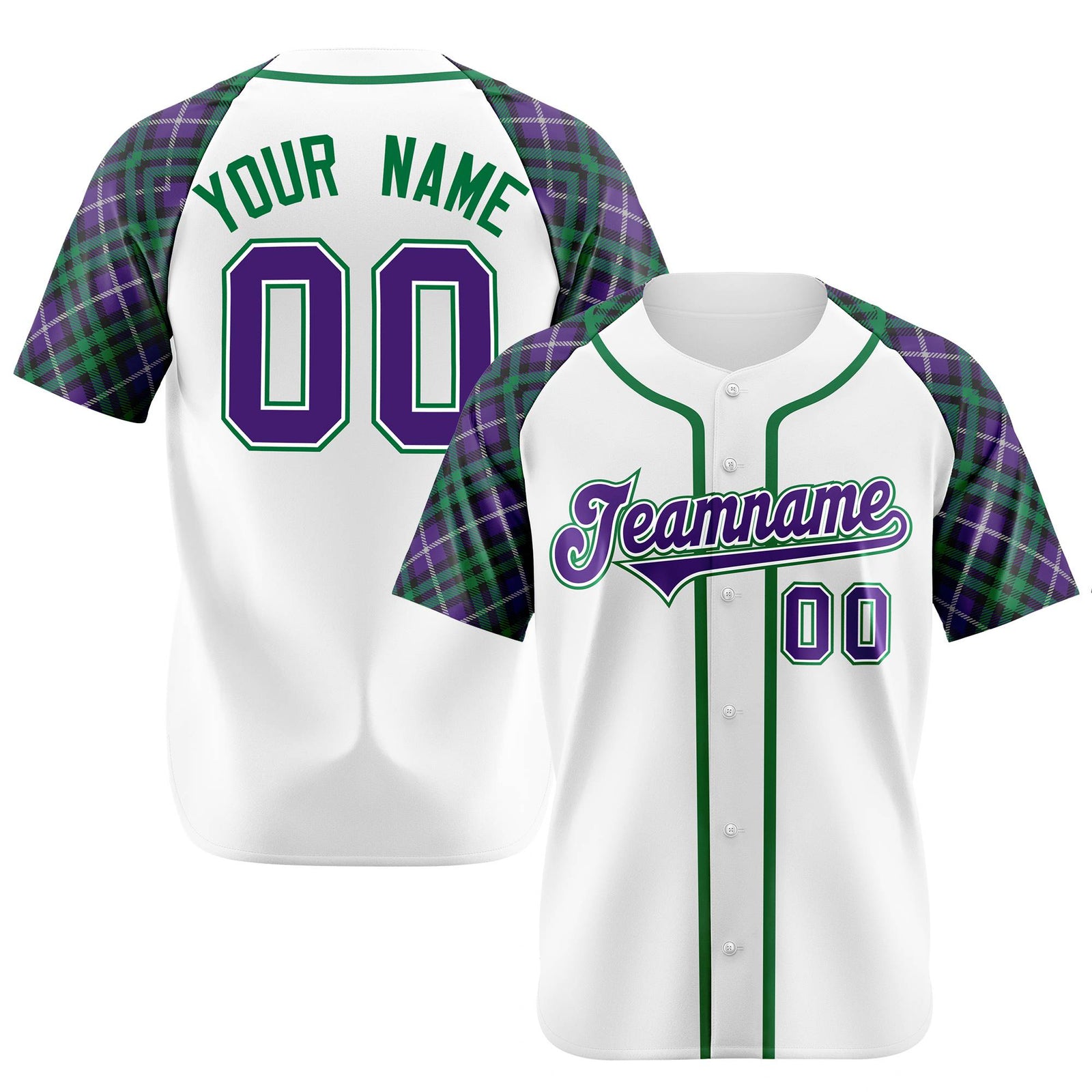 Custom White Purple-Green Authentic Plaid sleeve Baseball Jersey