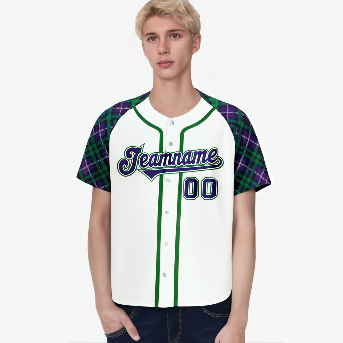 Custom White Purple-Green Authentic Plaid sleeve Baseball Jersey