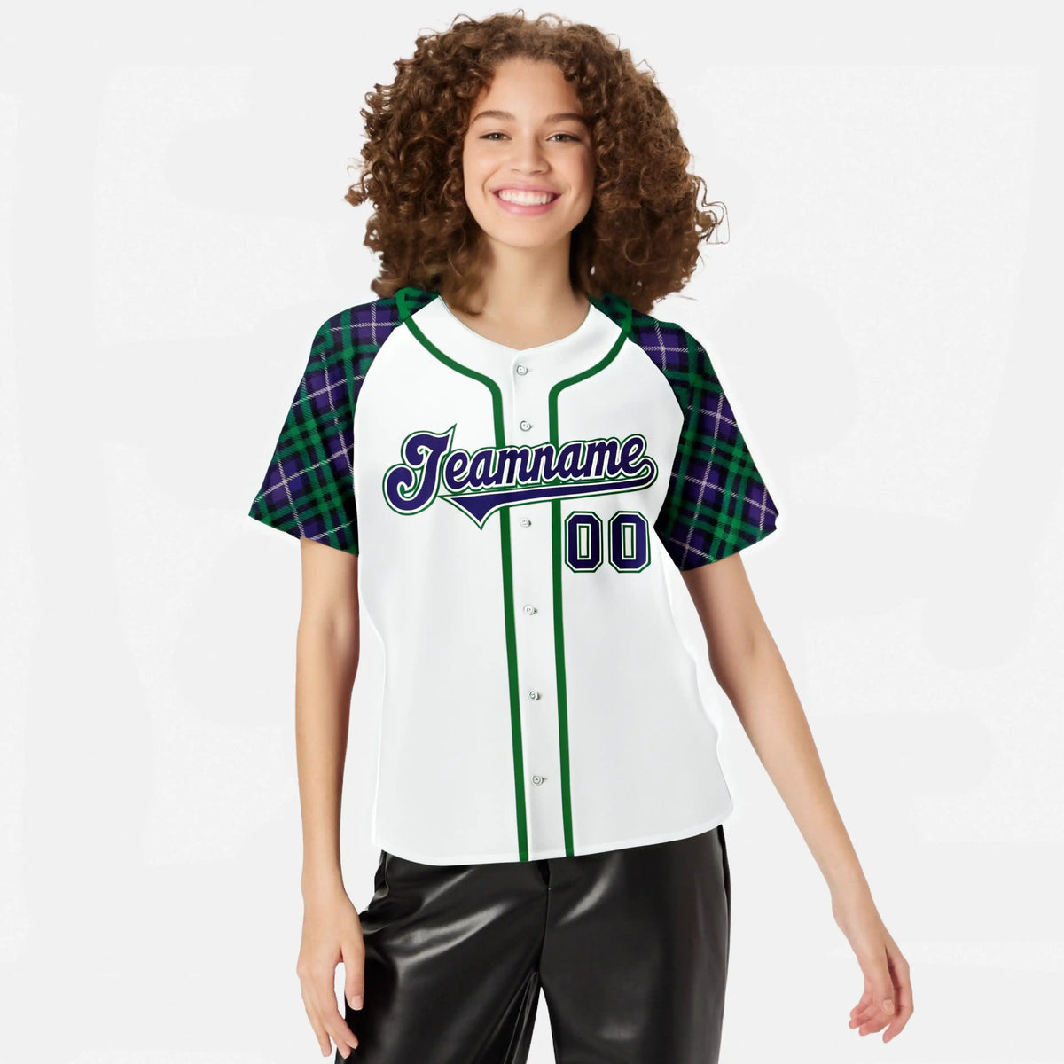 Custom White Purple-Green Authentic Plaid sleeve Baseball Jersey