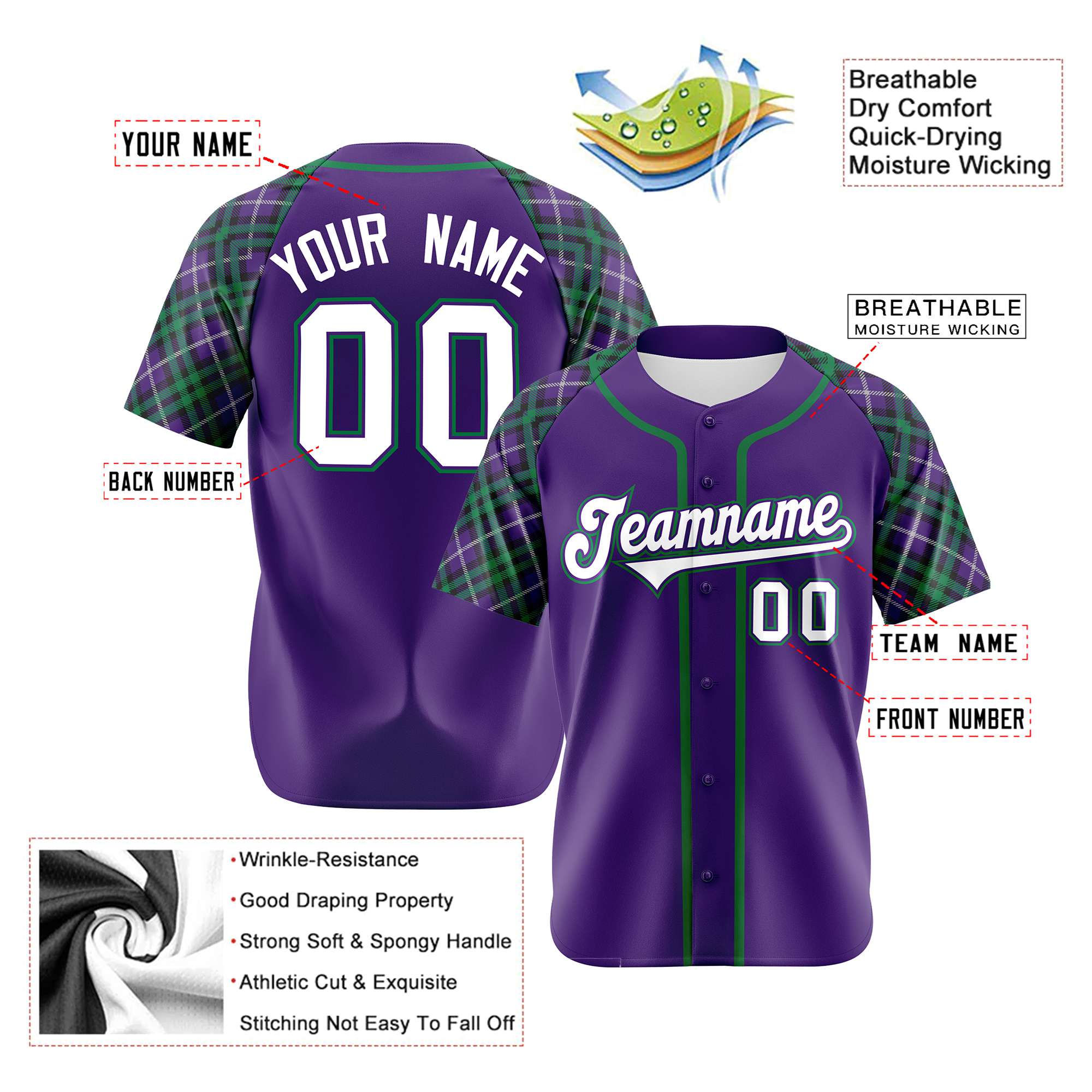 Custom Purple Green-White Authentic Plaid sleeve Baseball Jersey