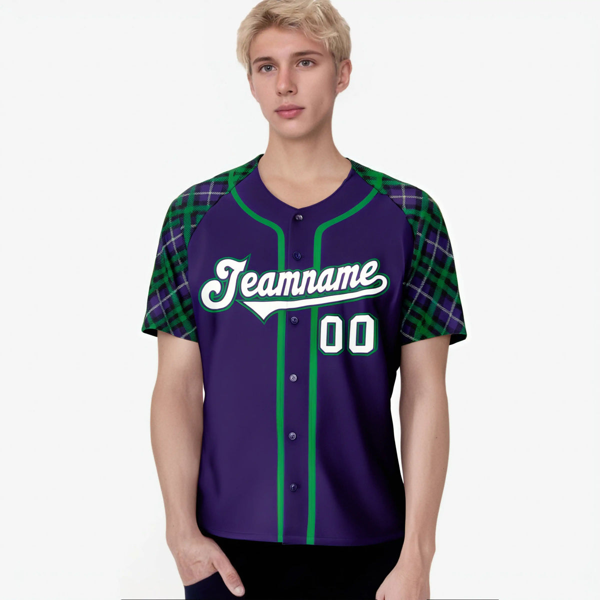 Custom Purple Green-White Authentic Plaid sleeve Baseball Jersey