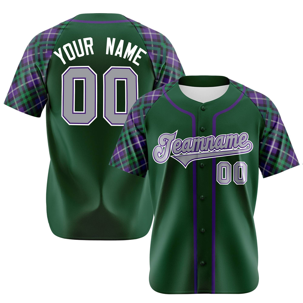 Custom Kelly Green Purple-Gray Authentic Plaid sleeve Baseball Jersey