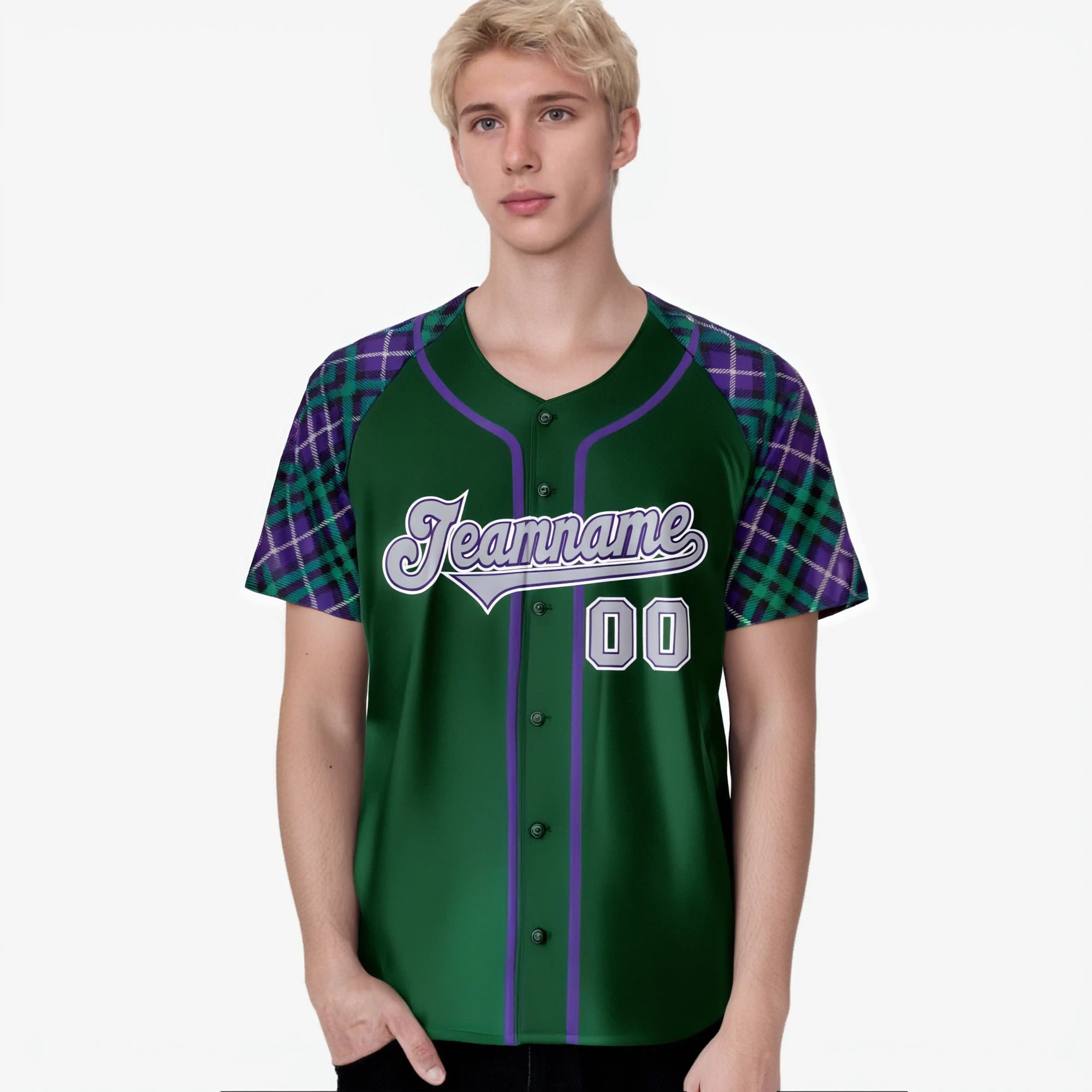 Custom Kelly Green Purple-Gray Authentic Plaid sleeve Baseball Jersey