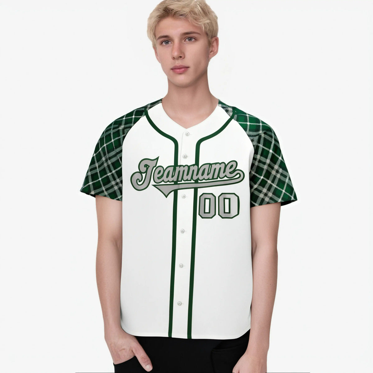 Custom White Green-Gray Authentic Plaid sleeve Baseball Jersey