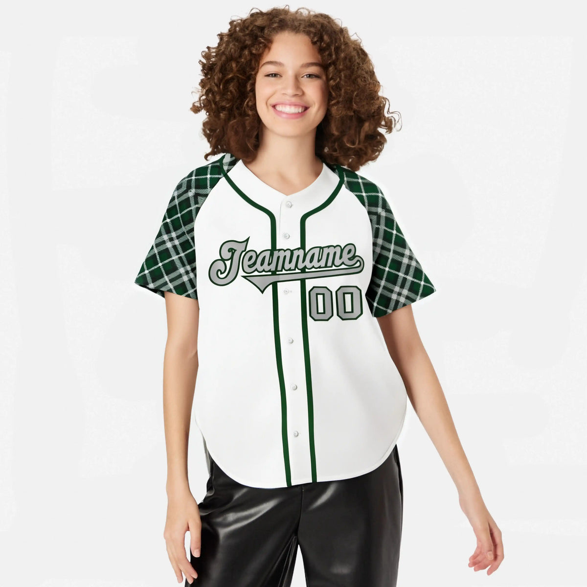 Custom White Green-Gray Authentic Plaid sleeve Baseball Jersey