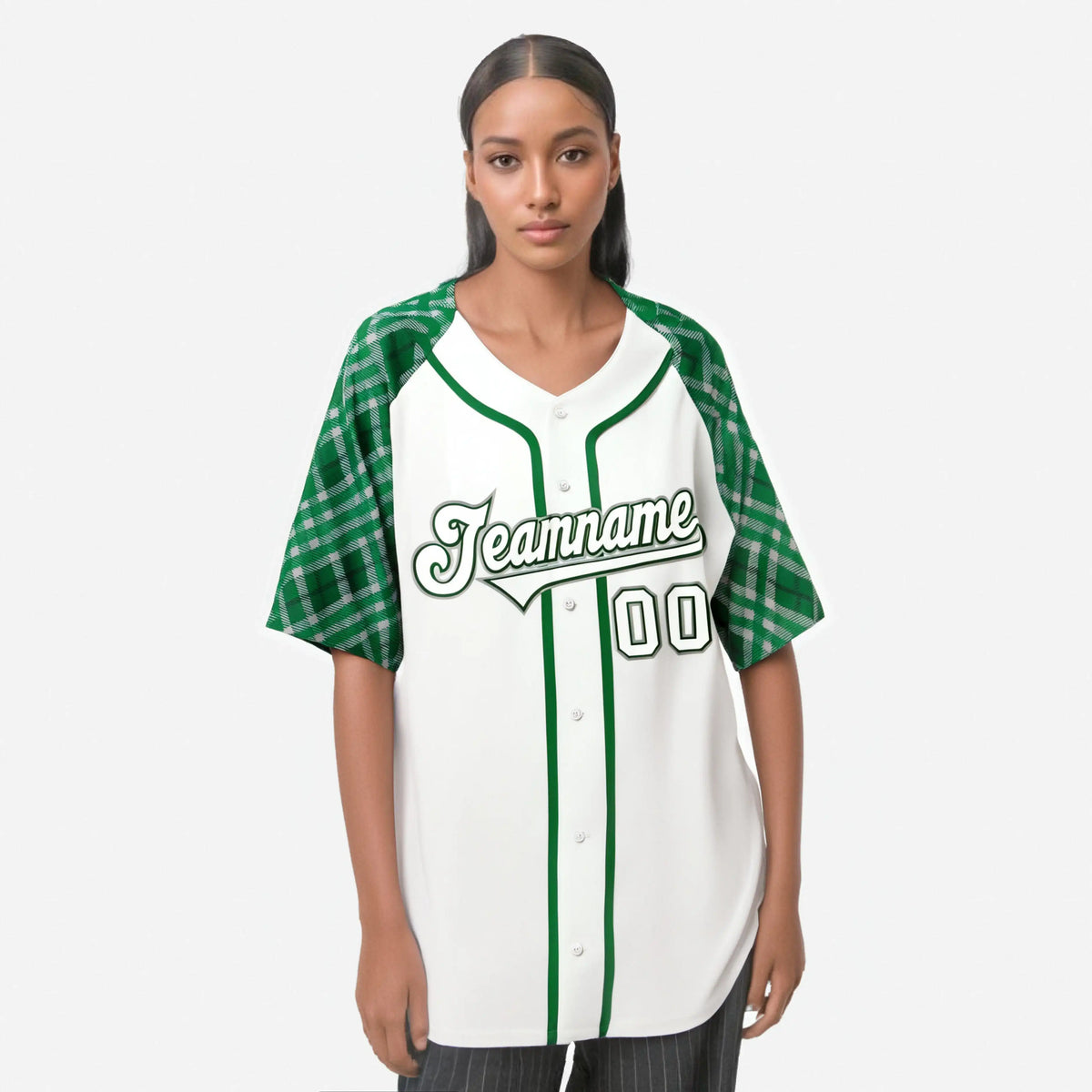 Custom White Green-White Authentic Plaid sleeve Baseball Jersey