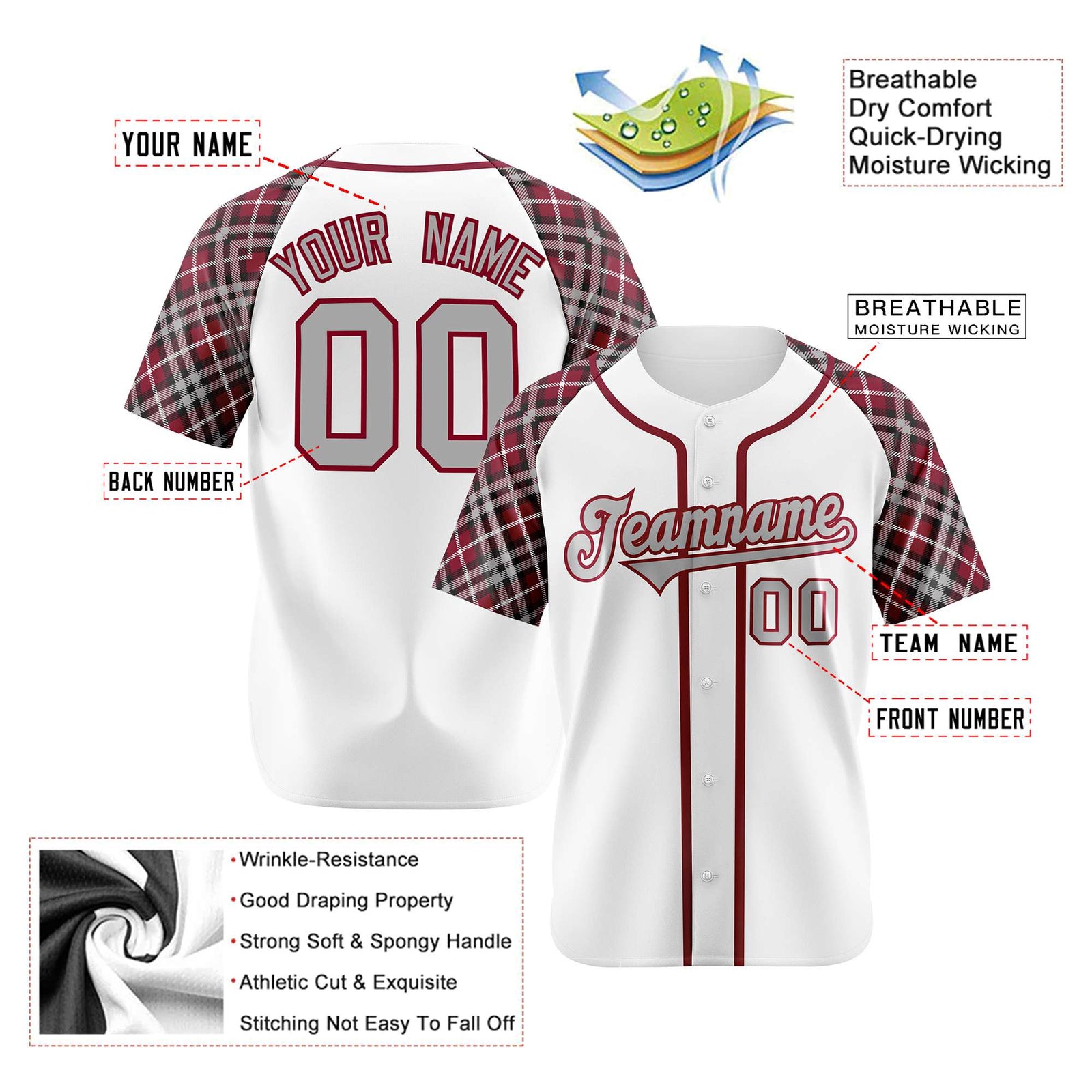 Custom White Burgundy-Gray Authentic Plaid sleeve Baseball Jersey