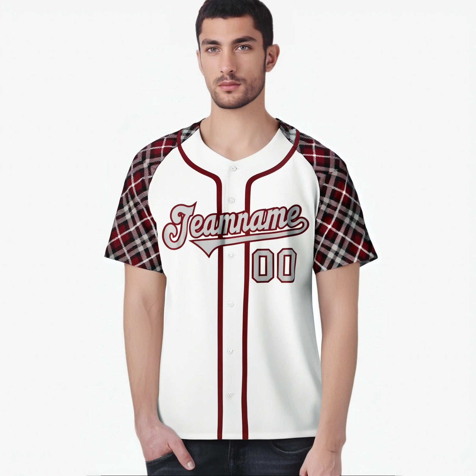 Custom White Burgundy-Gray Authentic Plaid sleeve Baseball Jersey