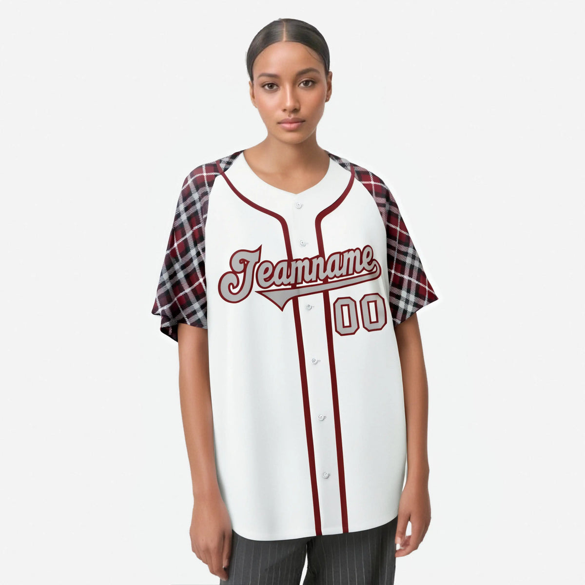Custom White Burgundy-Gray Authentic Plaid sleeve Baseball Jersey