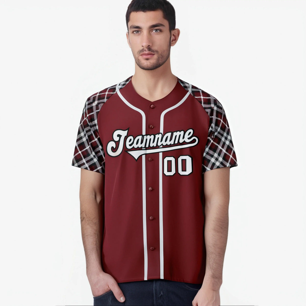 Custom Burgundy Gray-Black Authentic Plaid sleeve Baseball Jersey