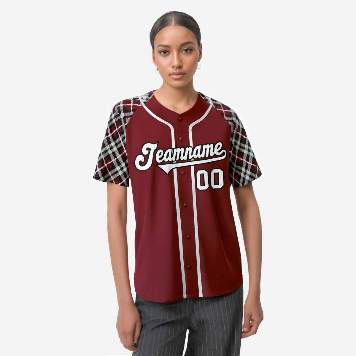 Custom Burgundy Gray-Black Authentic Plaid sleeve Baseball Jersey