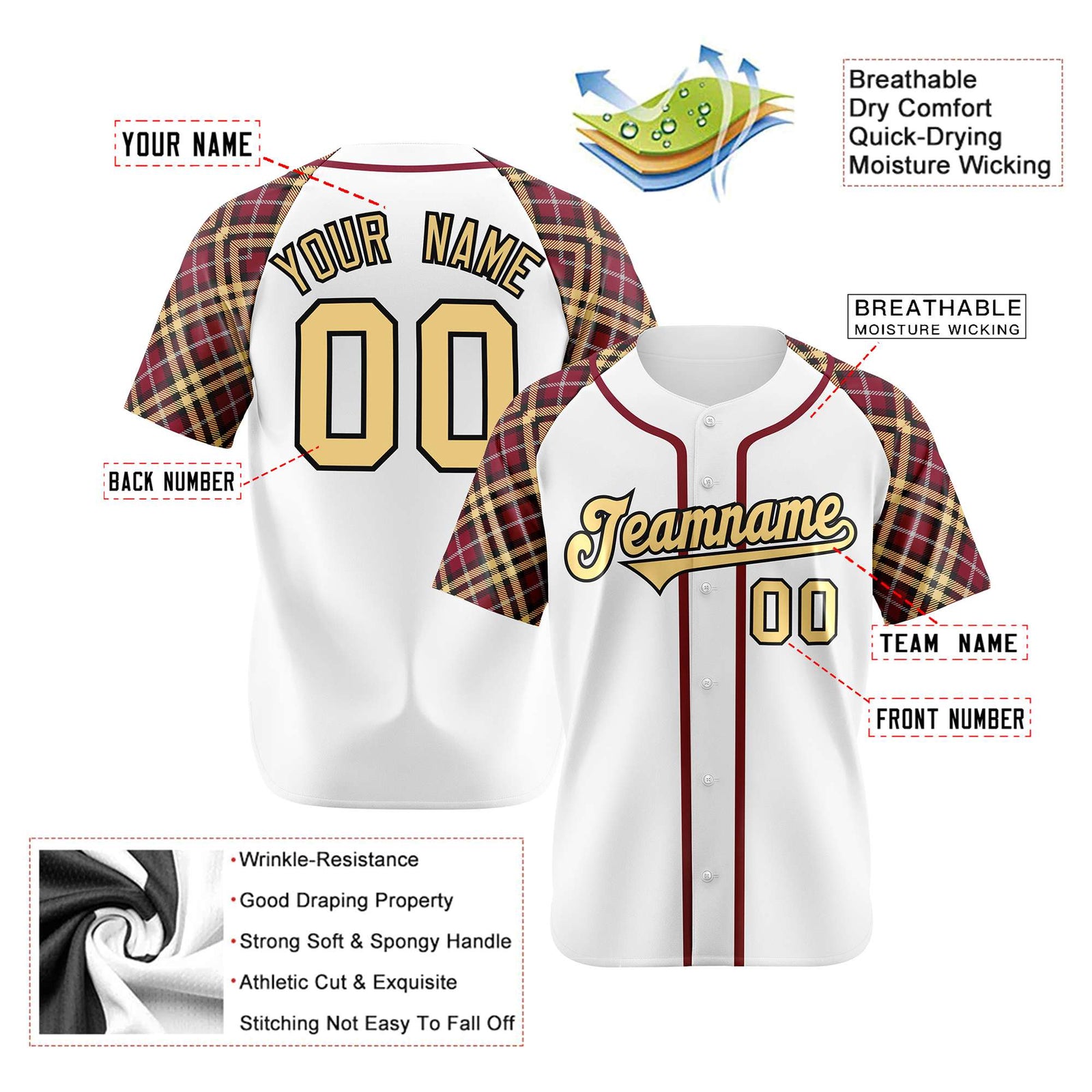 Custom White Old-Gold Crimson-Black Authentic Plaid sleeve Baseball Jersey