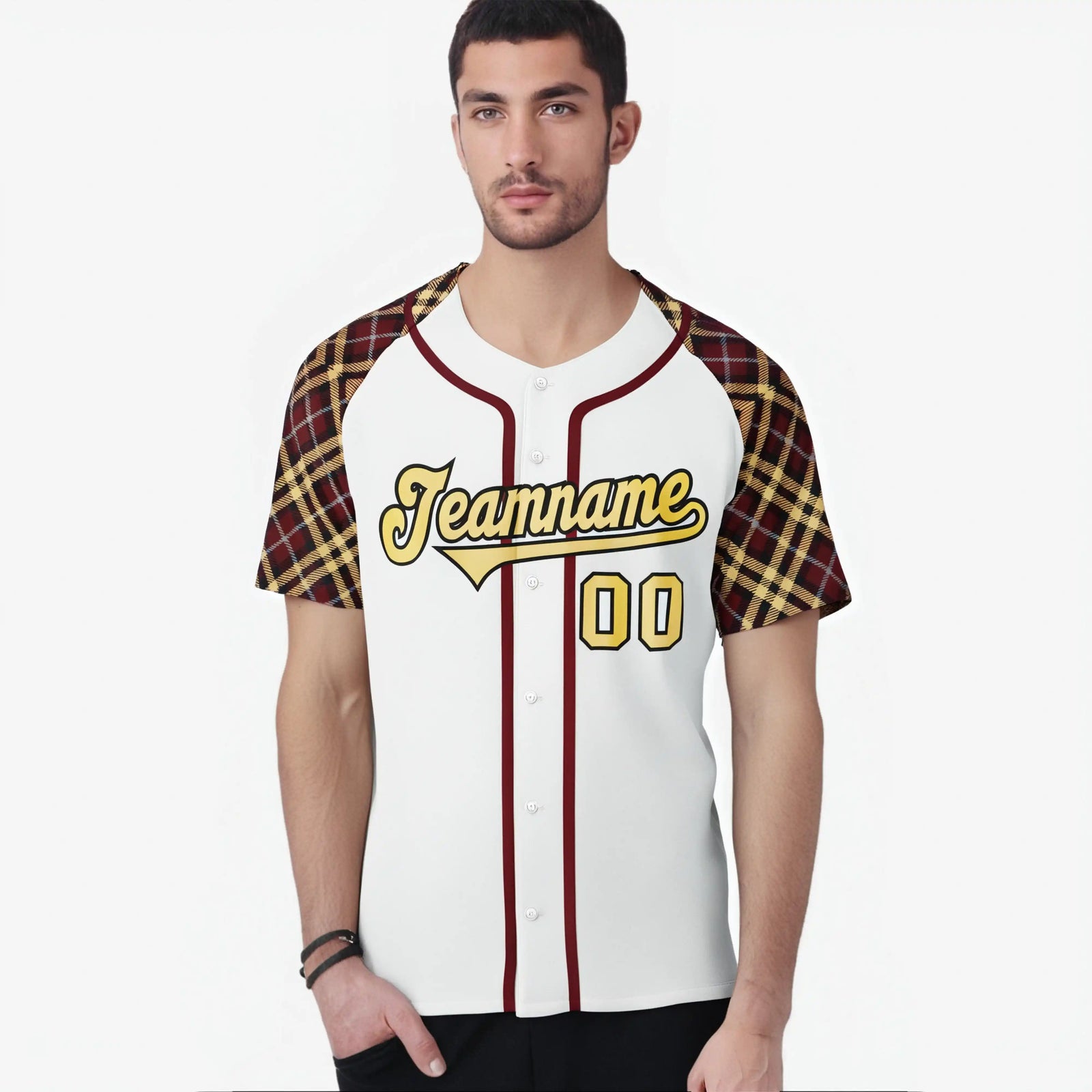 Custom White Old-Gold Crimson-Black Authentic Plaid sleeve Baseball Jersey