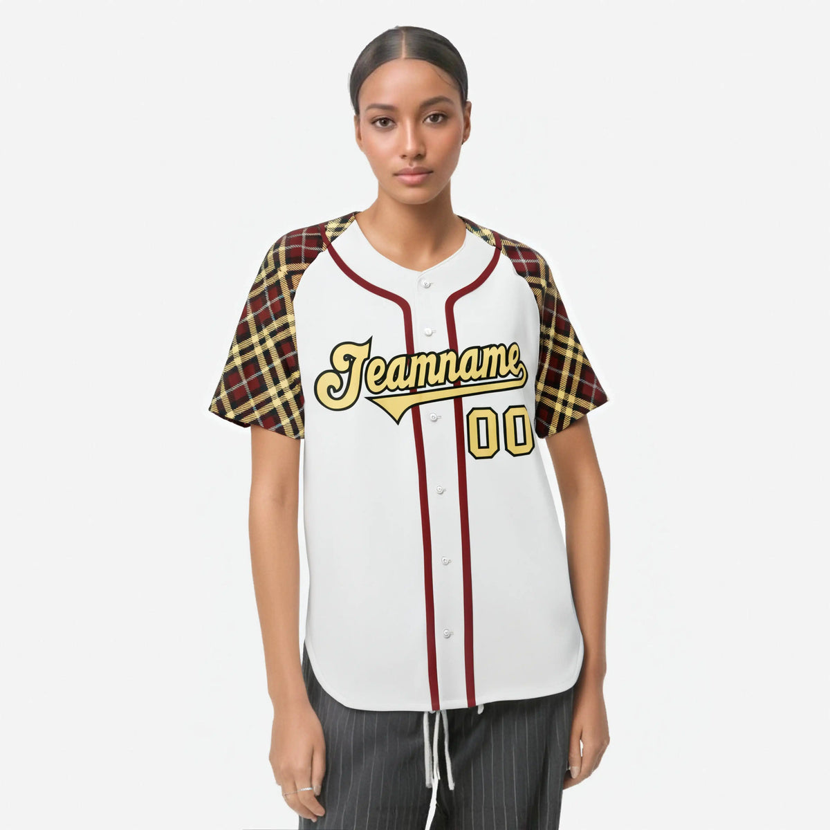 Custom White Old-Gold Crimson-Black Authentic Plaid sleeve Baseball Jersey