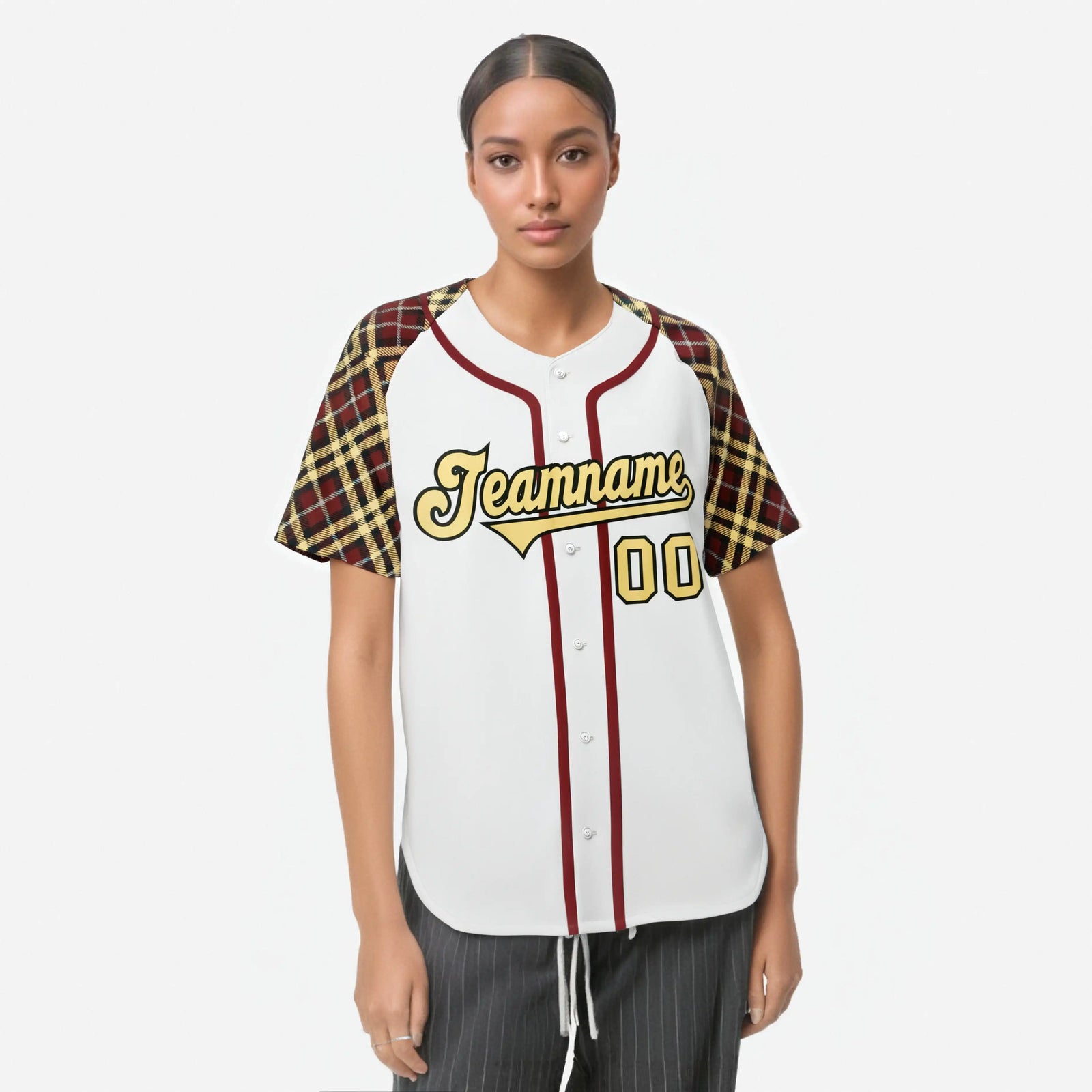 Custom White Old-Gold Crimson-Black Authentic Plaid sleeve Baseball Jersey
