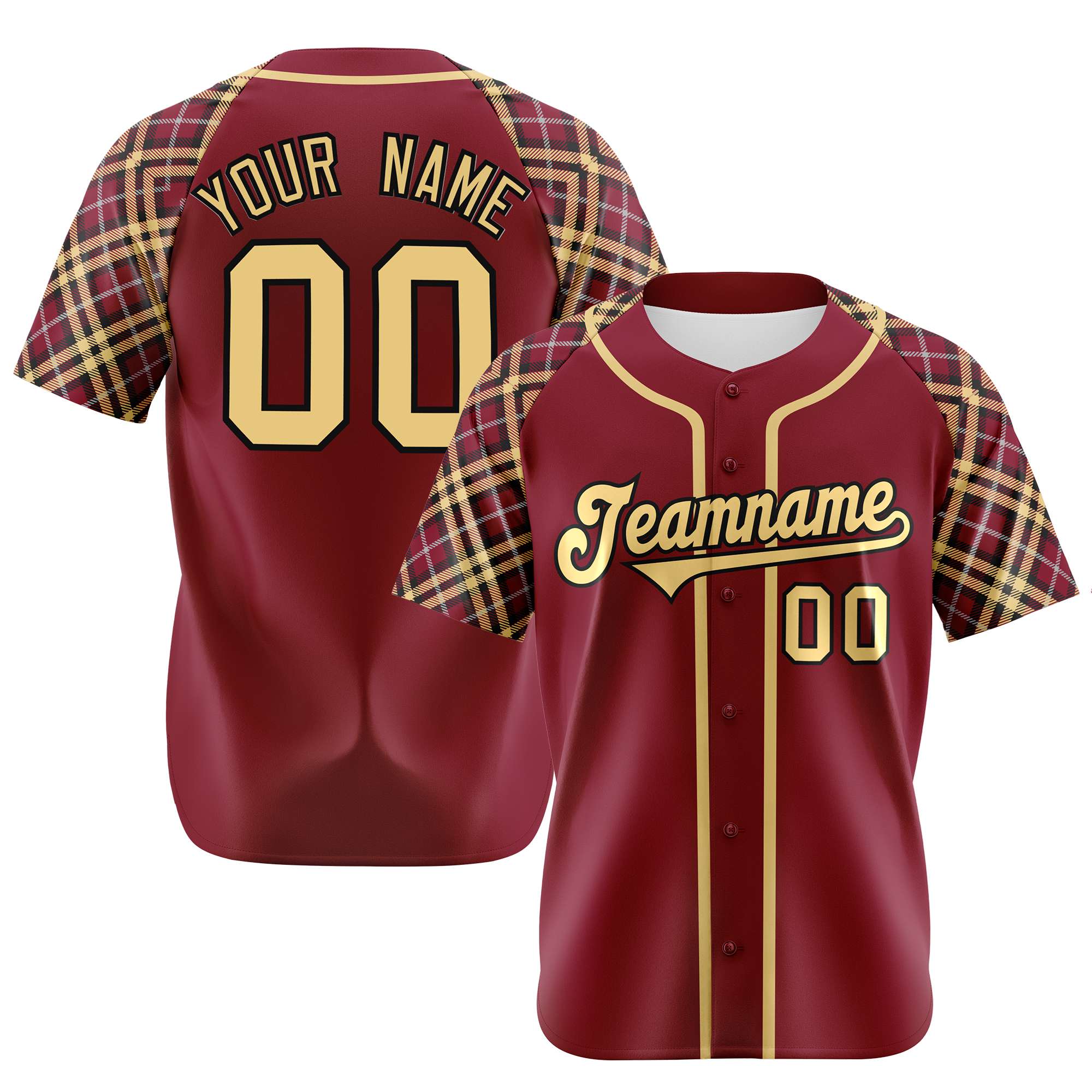 Custom Crimson Old-Gold Black-White Authentic Plaid sleeve Baseball Jersey