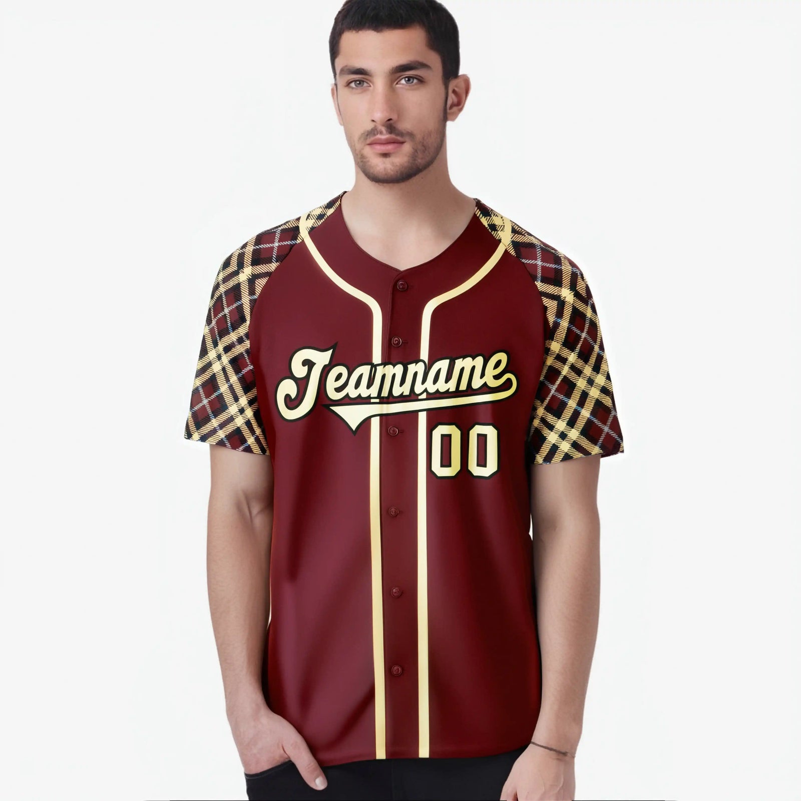 Custom Crimson Old-Gold Black-White Authentic Plaid sleeve Baseball Jersey