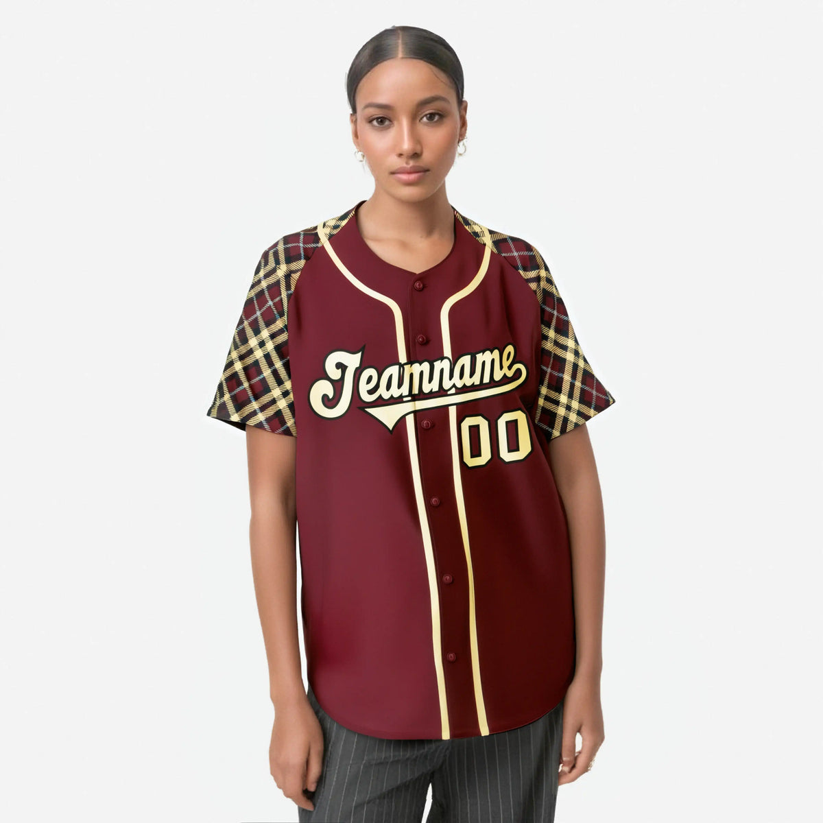 Custom Crimson Old-Gold Black-White Authentic Plaid sleeve Baseball Jersey