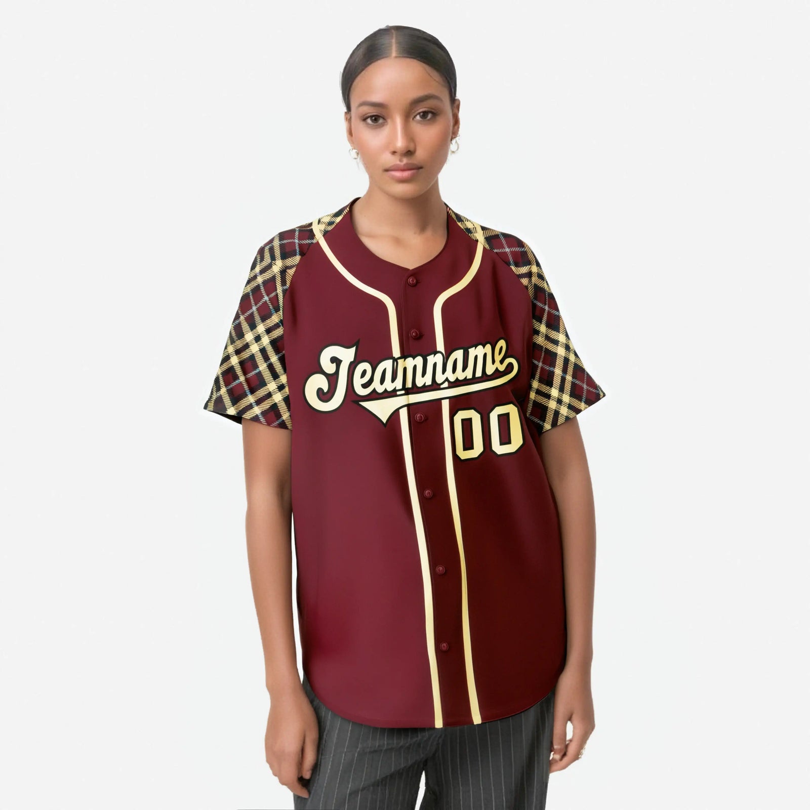 Custom Crimson Old-Gold Black-White Authentic Plaid sleeve Baseball Jersey