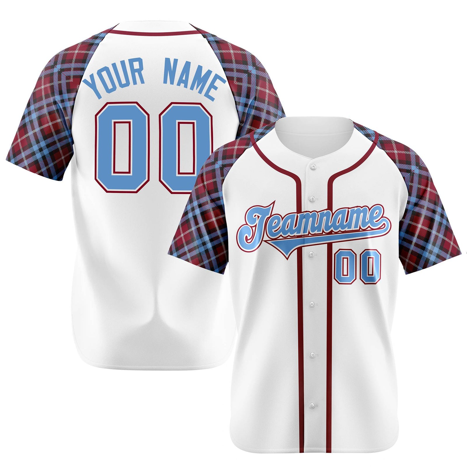 Custom White Light Blue Red Authentic Plaid sleeve Baseball Jersey