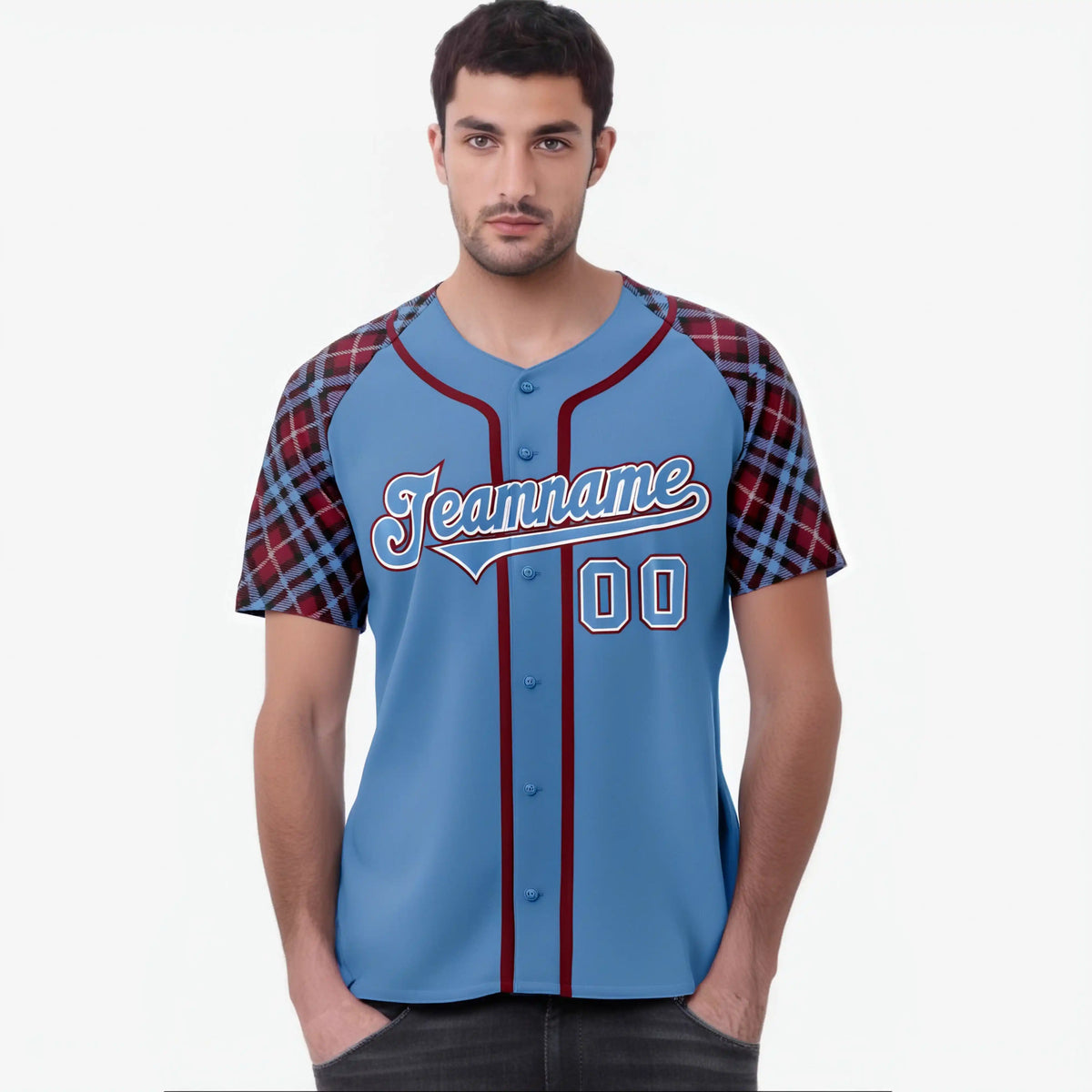 Custom Light Blue Red-White Authentic Plaid sleeve Baseball Jersey