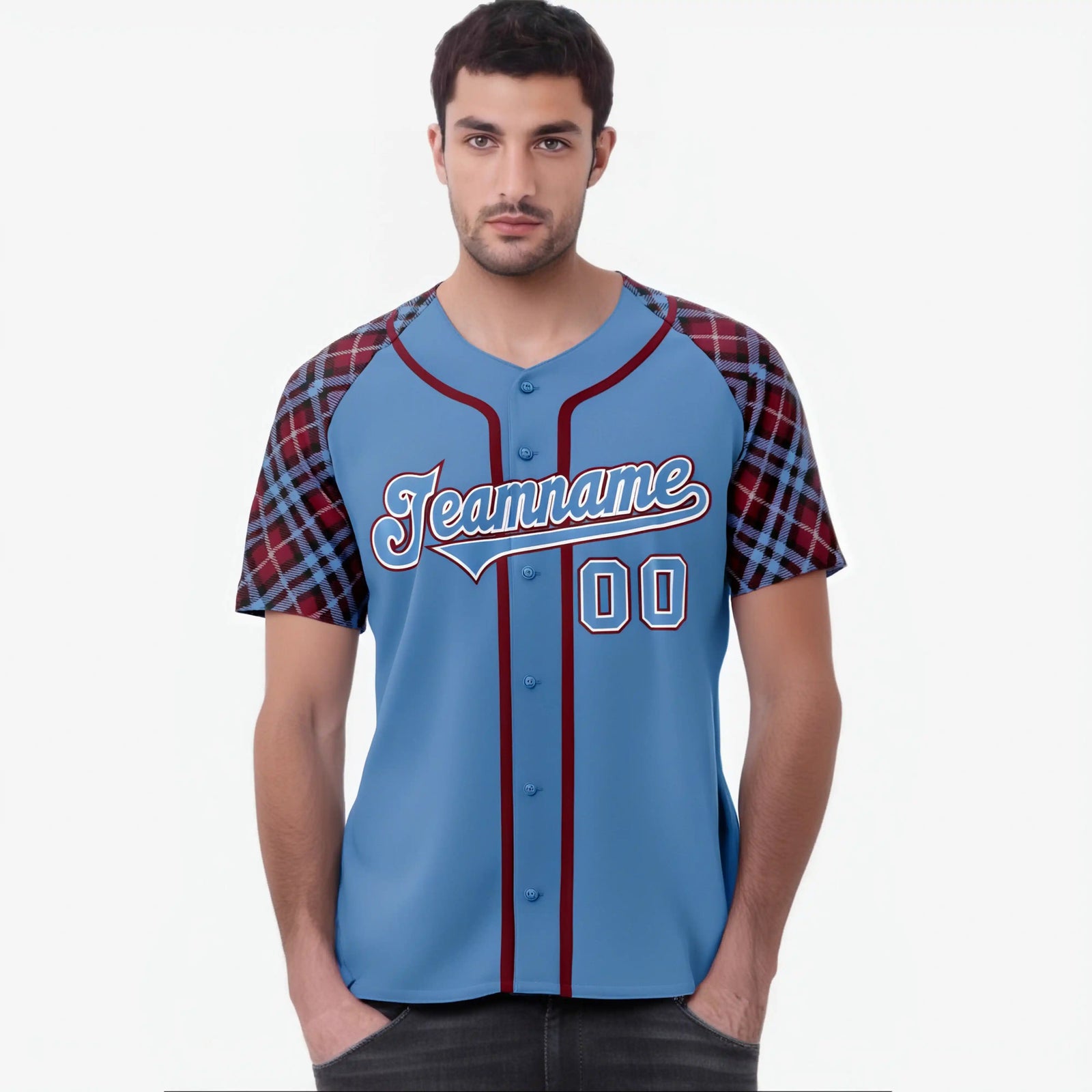 Custom Light Blue Red-White Authentic Plaid sleeve Baseball Jersey