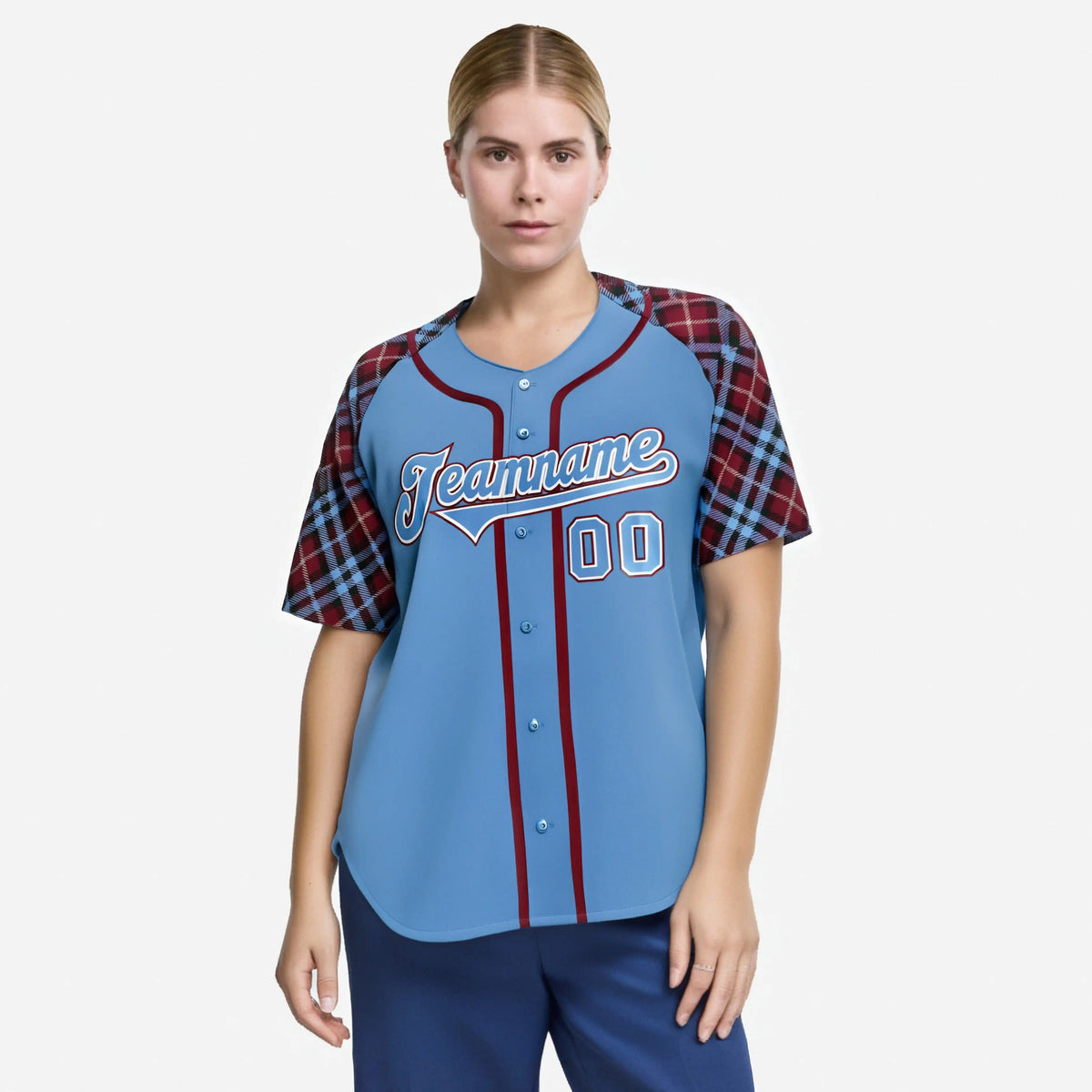 Custom Light Blue Red-White Authentic Plaid sleeve Baseball Jersey