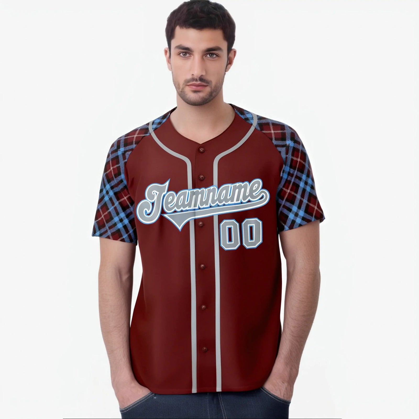 Custom Crimson Gray-White Blue Authentic Plaid sleeve Baseball Jersey