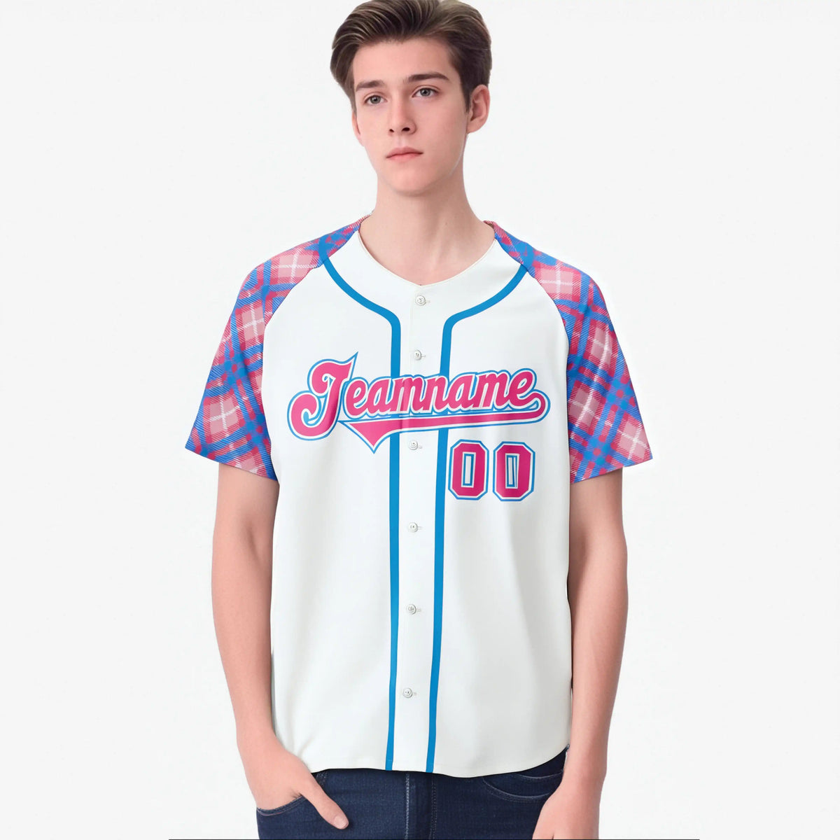 Custom White Pink-Blue Authentic Plaid sleeve Baseball Jersey