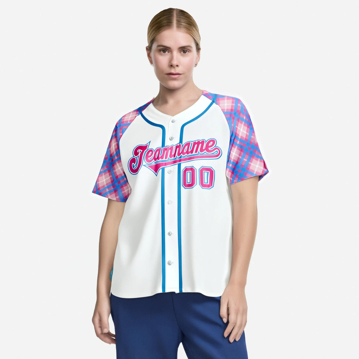 Custom White Pink-Blue Authentic Plaid sleeve Baseball Jersey