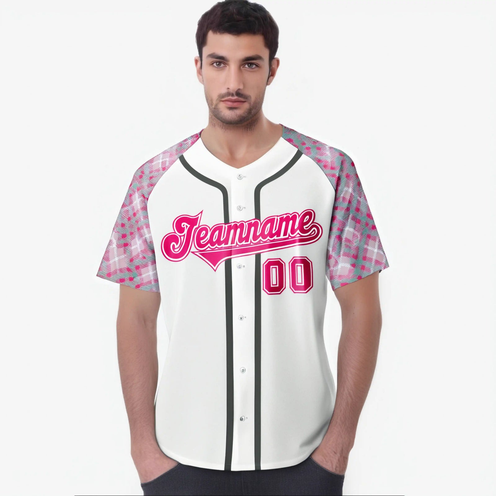 Custom White Pink-Gray Authentic Plaid sleeve Baseball Jersey