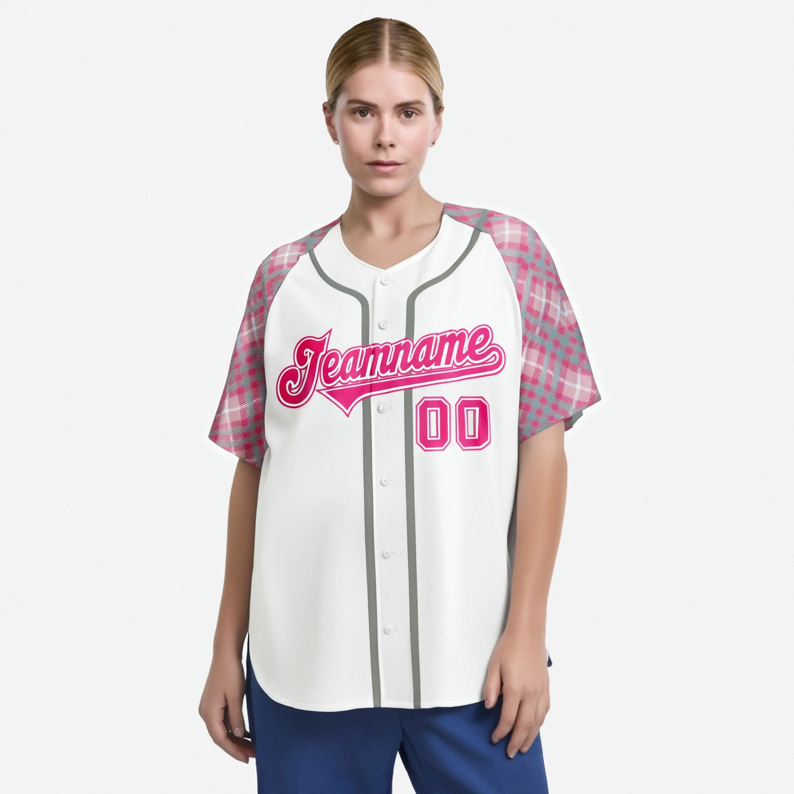 Custom White Pink-Gray Authentic Plaid sleeve Baseball Jersey