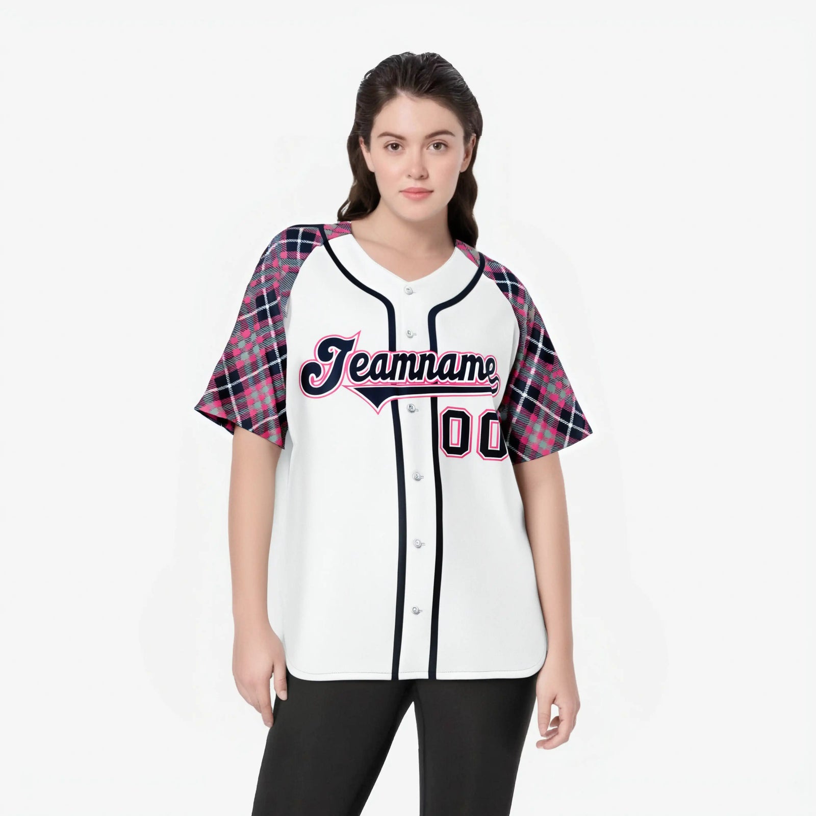Custom White Pink-Navy Authentic Plaid sleeve Baseball Jersey