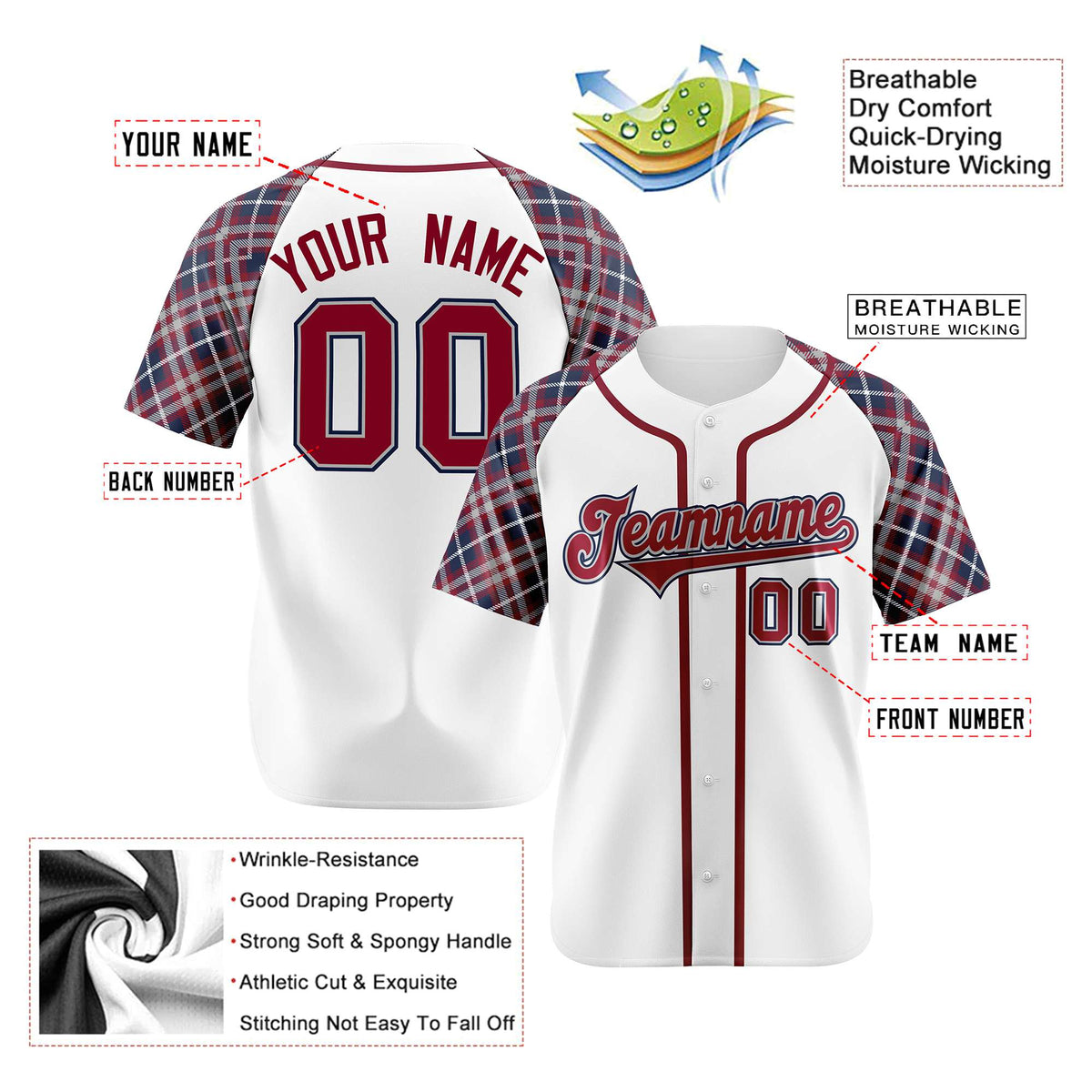 Custom White Crimson-Navy Authentic Plaid sleeve Baseball Jersey