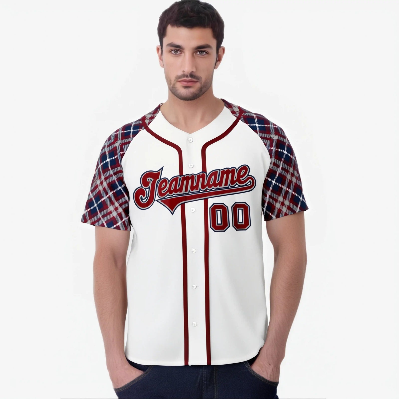 Custom White Crimson-Navy Authentic Plaid sleeve Baseball Jersey