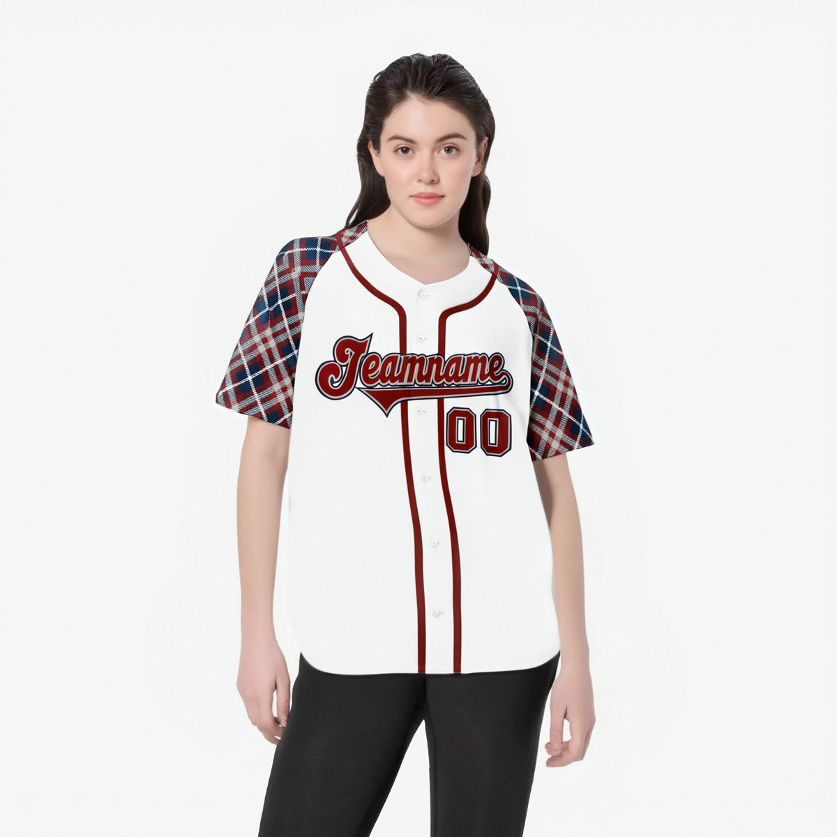 Custom White Crimson-Navy Authentic Plaid sleeve Baseball Jersey